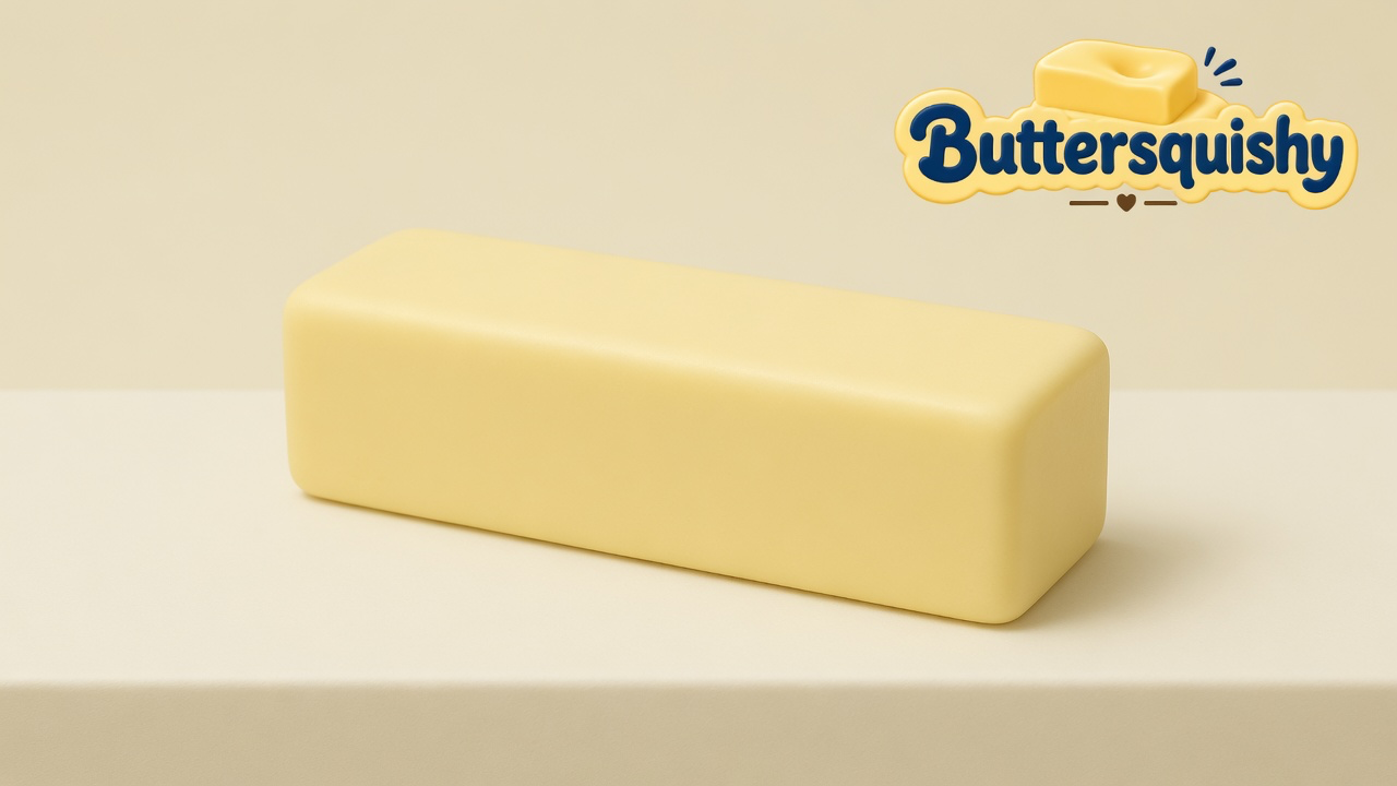 Unprinted pale-yellow Classic Gift Butter stick on a light-yellow cream studio table, Buttersquishy logo in the upper right