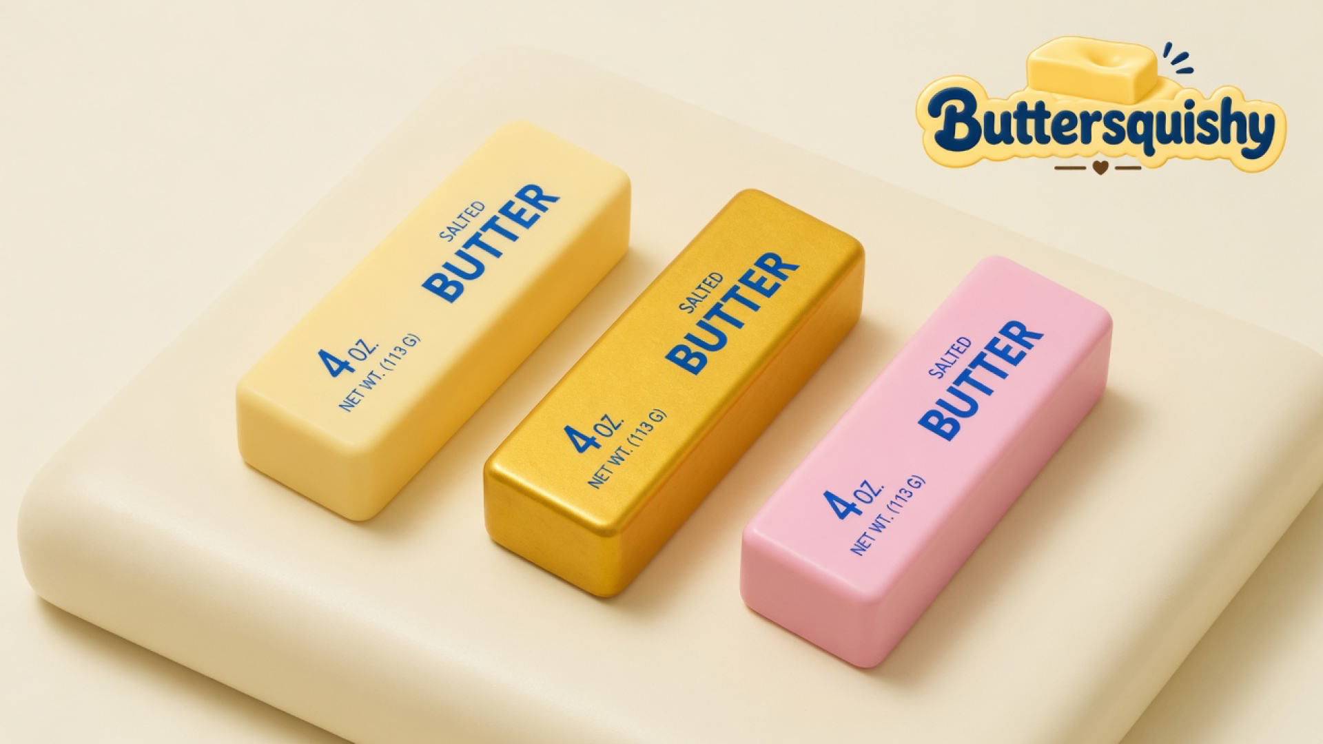 Three Sunset Trio Butter sticks in cream, gold, and pink with navy SALTED BUTTER print on a light-yellow cream studio platform, Buttersquishy logo in the upper right