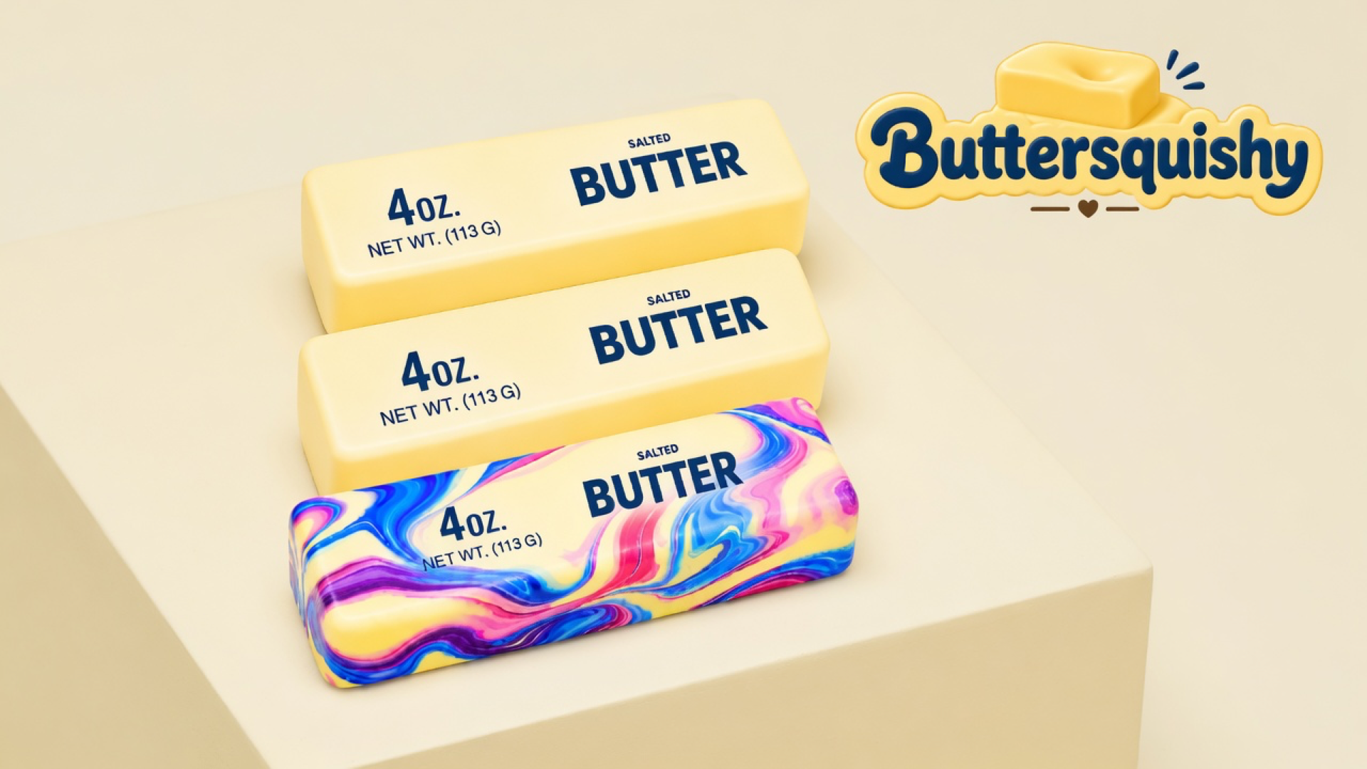 Two pale yellow salted-butter sticks and one pink-blue-purple marble swirl stick with navy SALTED BUTTER print on a light-yellow cream studio platform, Buttersquishy logo in the upper right