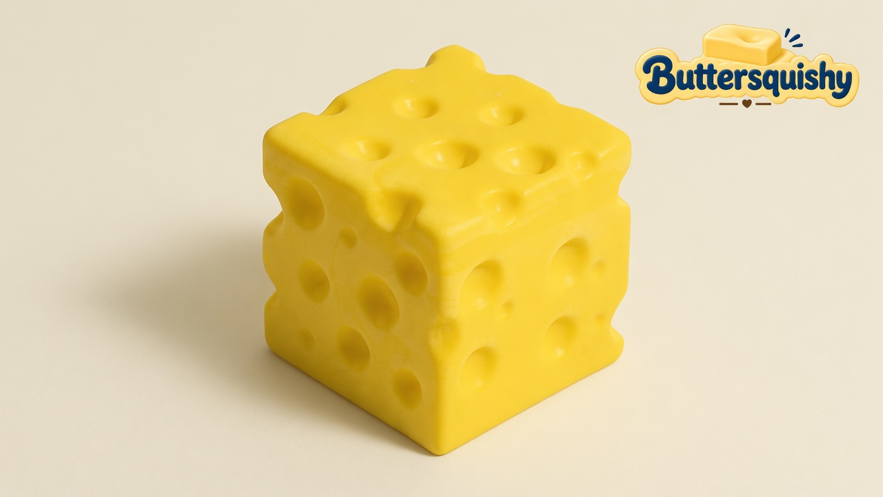 One cheddar-yellow Cheese Cube Loaf with mixed Swiss holes on a light-yellow cream studio, Buttersquishy logo in the upper right