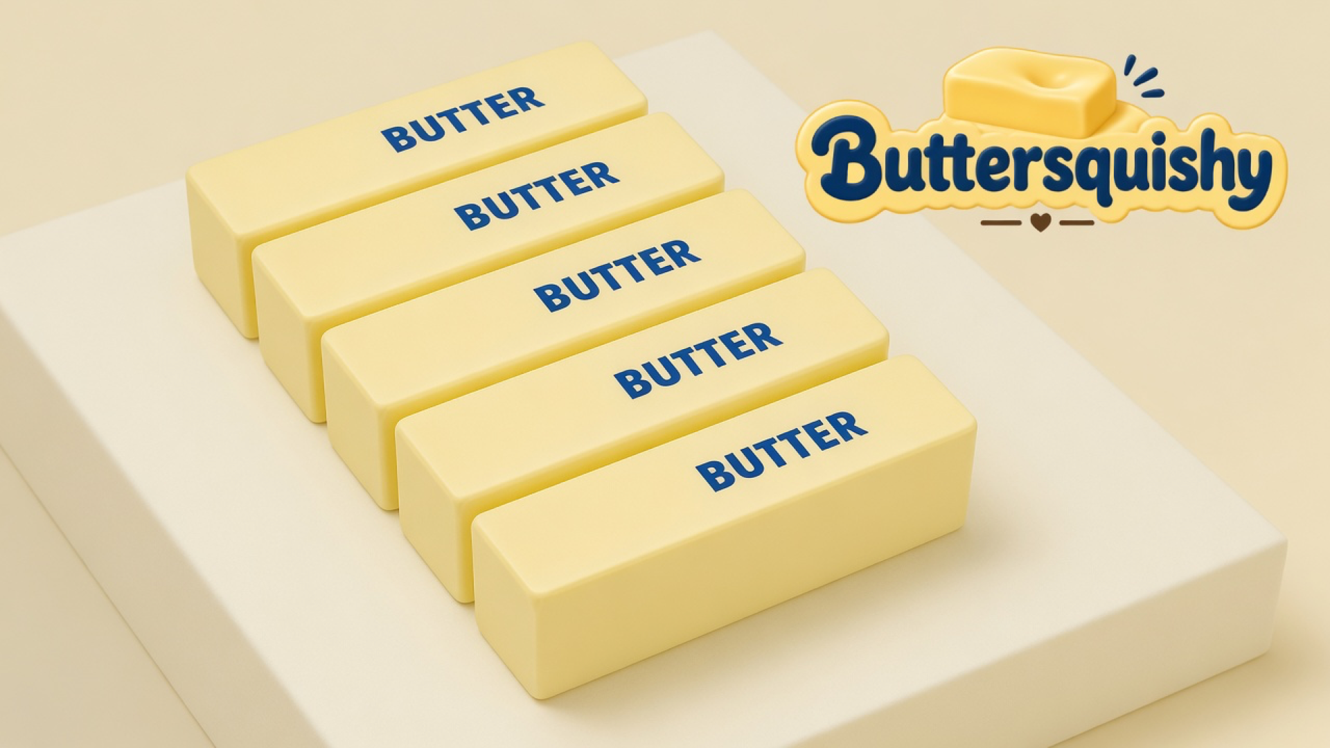 Five pale yellow Classic Butter Stick 4oz bars printed BUTTER, fanned on a light-yellow cream studio block, Buttersquishy logo in the upper right