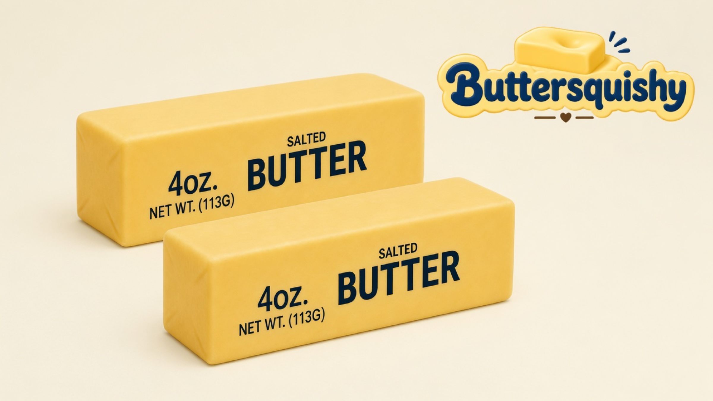 Two yellow SALTED BUTTER sticks on a light-yellow cream studio surface, Buttersquishy logo in the upper right
