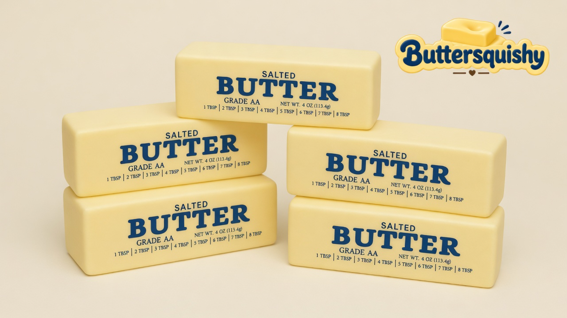 Six pale yellow Jumbo Butter Loaf bars printed SALTED BUTTER Grade AA, stacked on a light-yellow cream studio surface, Buttersquishy logo in the upper right