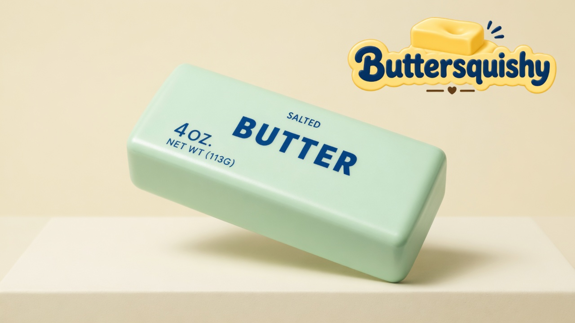 One pale mint-green salted-butter loaf printed SALTED, BUTTER, and 4 OZ. on a light-yellow cream studio block, Buttersquishy logo in the upper right