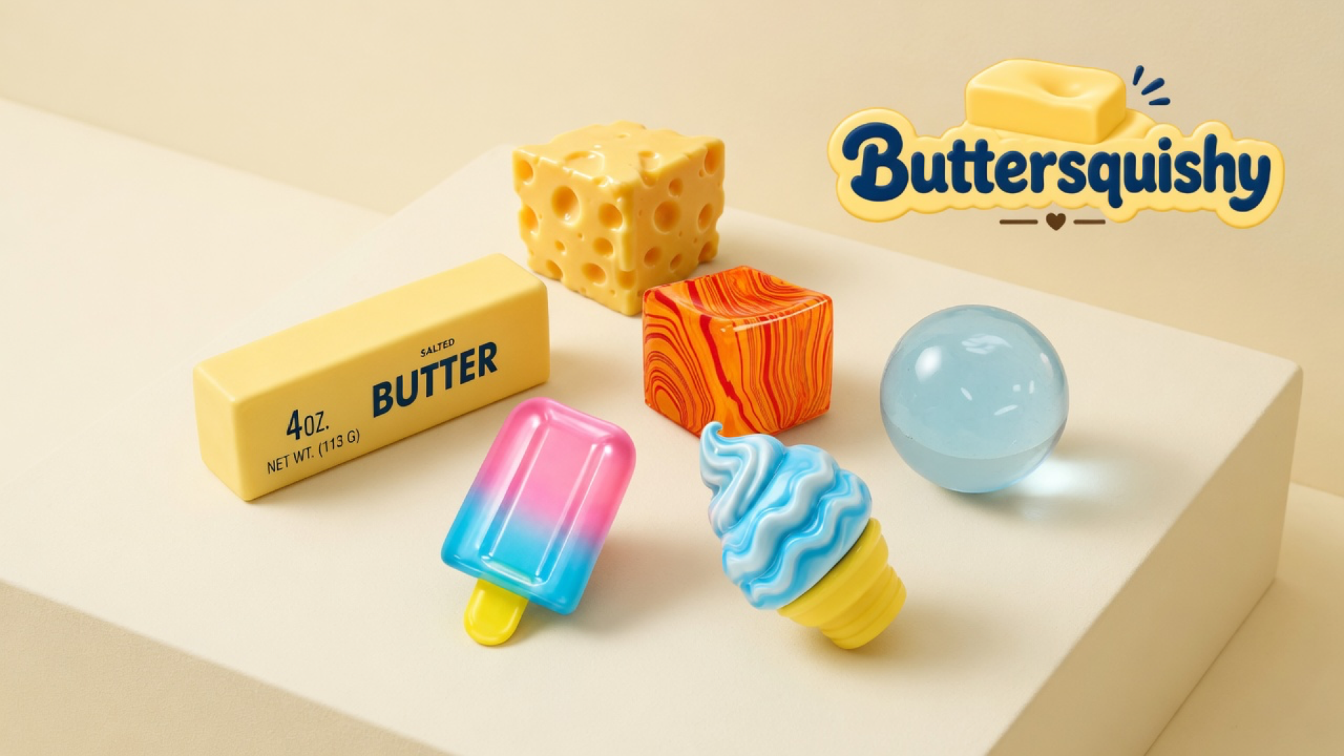 Food-style Mixed Butter Pack toys on a cream studio block — salted-butter loaf, cheese cube, wood-grain cube, gradient popsicle, soft-serve, and a blue sphere — with the Buttersquishy logo in the upper right