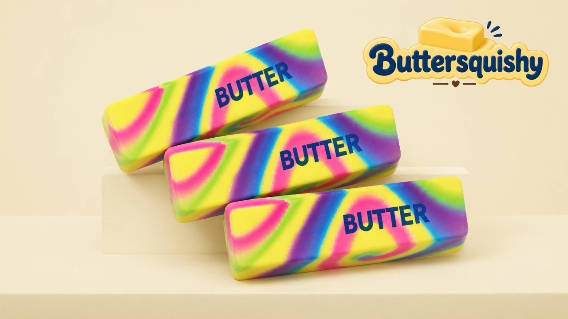 Three neon-marble butter sticks printed BUTTER on a light-yellow cream studio platform, Buttersquishy logo in the upper right