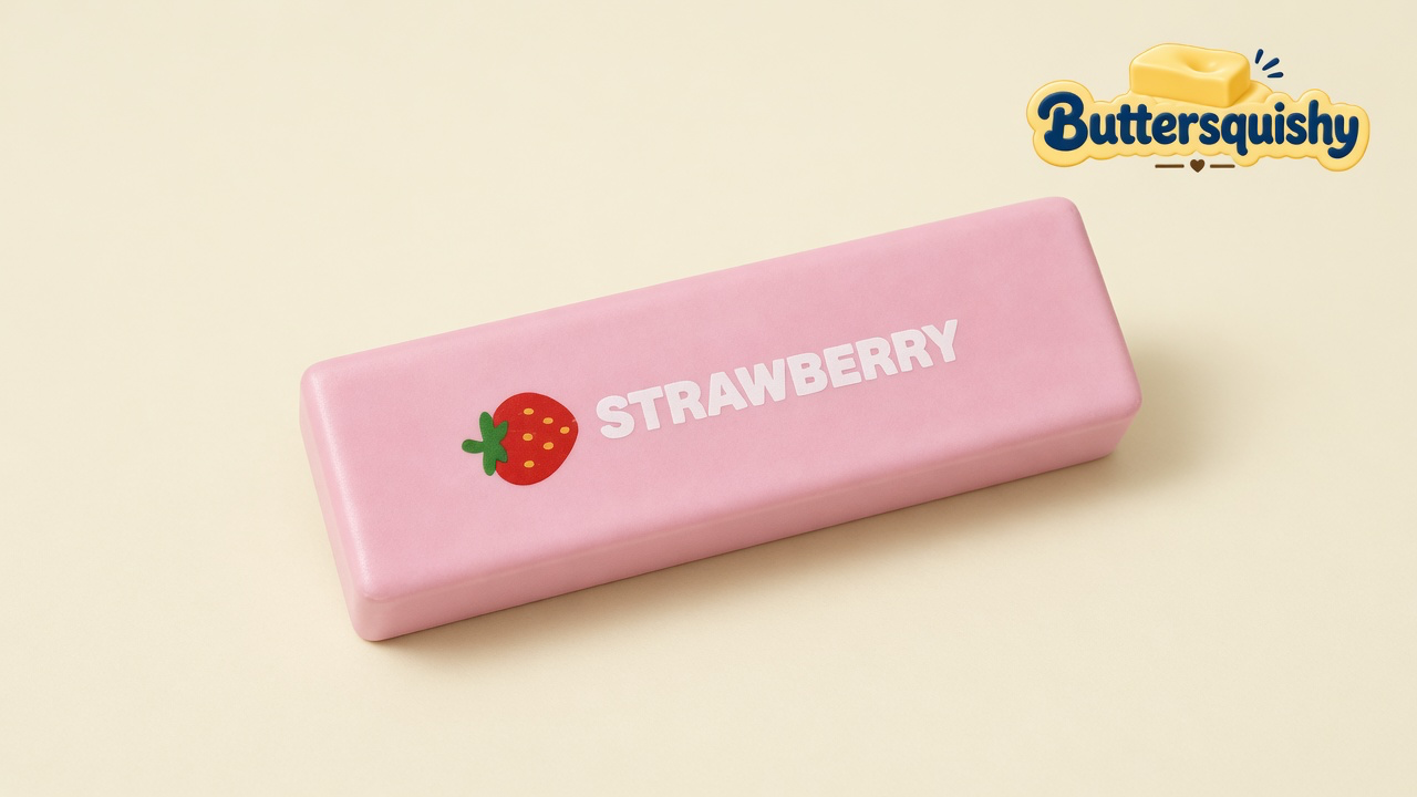 One pale-pink Strawberry Butter Stick loaf printed with a berry icon and STRAWBERRY type on a light-yellow cream studio surface, Buttersquishy logo in the upper right