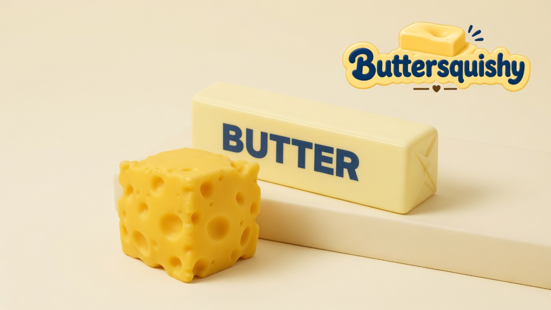 A holey cheddar-yellow cheese cube and a pale butter stick printed navy BUTTER on a light-yellow cream studio block, Buttersquishy logo in the upper right