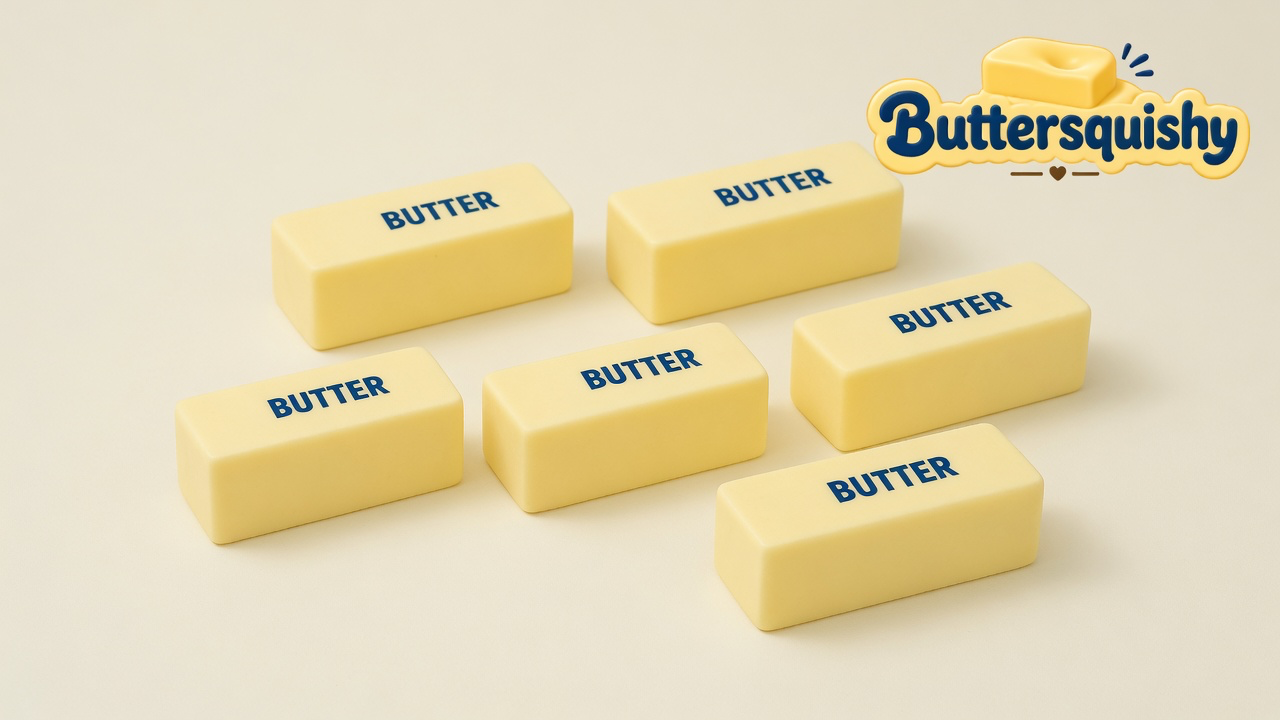 Six pale-yellow Classic Butter Stick 4oz loaves printed with navy BUTTER on a cream studio surface, Buttersquishy logo in the upper right