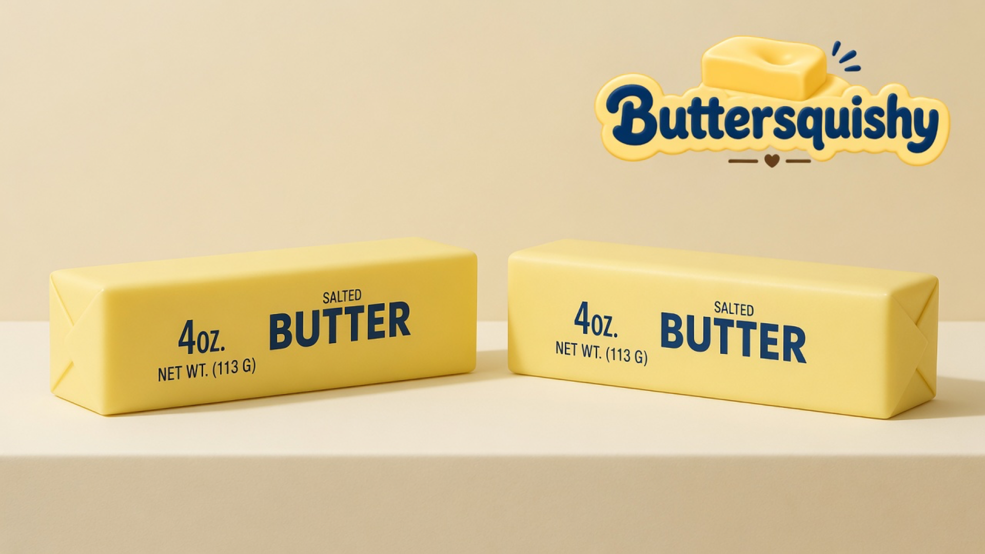 Two matching yellow SALTED BUTTER wraps on a light-yellow cream studio surface, Buttersquishy logo in the upper right