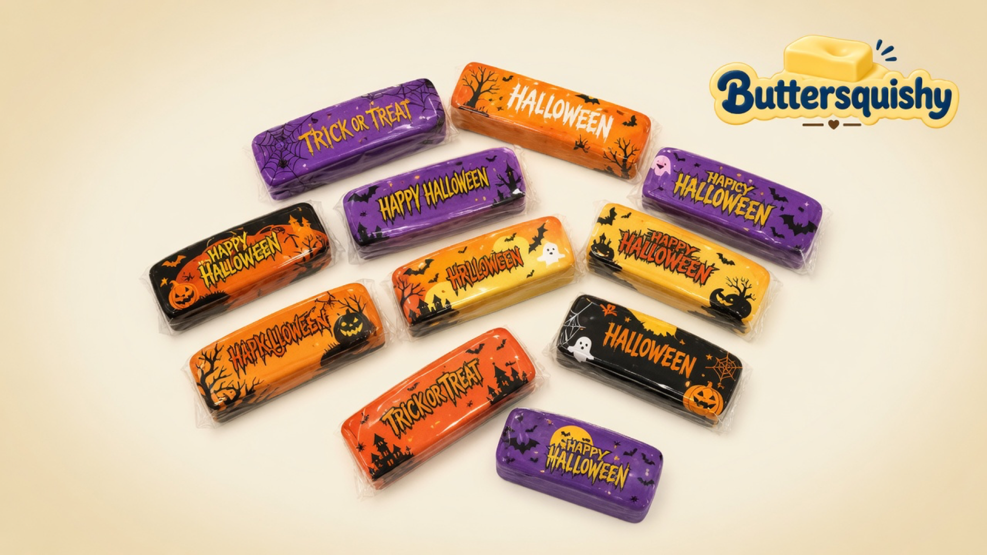 Twelve individually wrapped Halloween Ghost Butter sticks in purple, orange, black, and yellow Halloween prints on a cream studio surface, Buttersquishy logo in the upper right