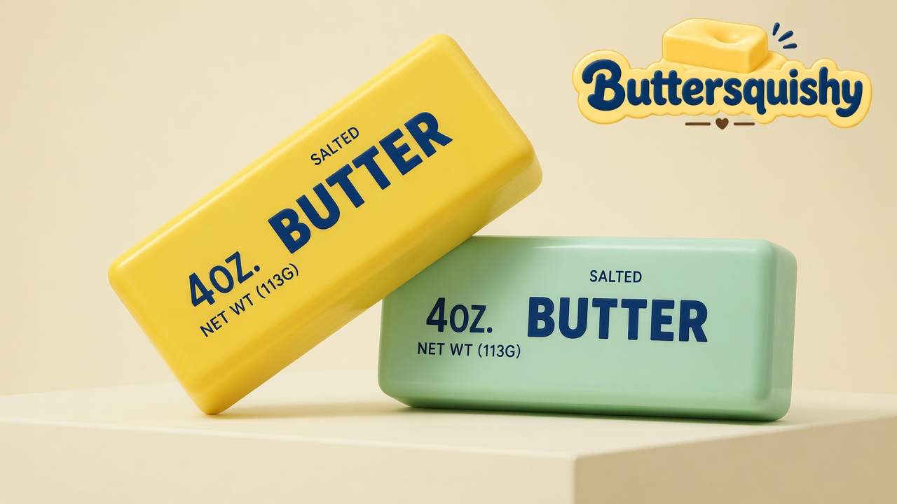 Pale mint-green and lemon-yellow salted-butter loaves on a light-yellow cream studio block, Buttersquishy logo in the upper right