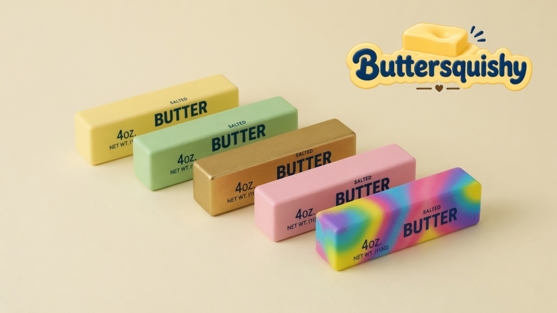 Five food-style Mixed Butter Pack loaves in pale yellow, mint green, metallic gold, pink, and rainbow swirl on a cream studio surface, Buttersquishy logo in the upper right