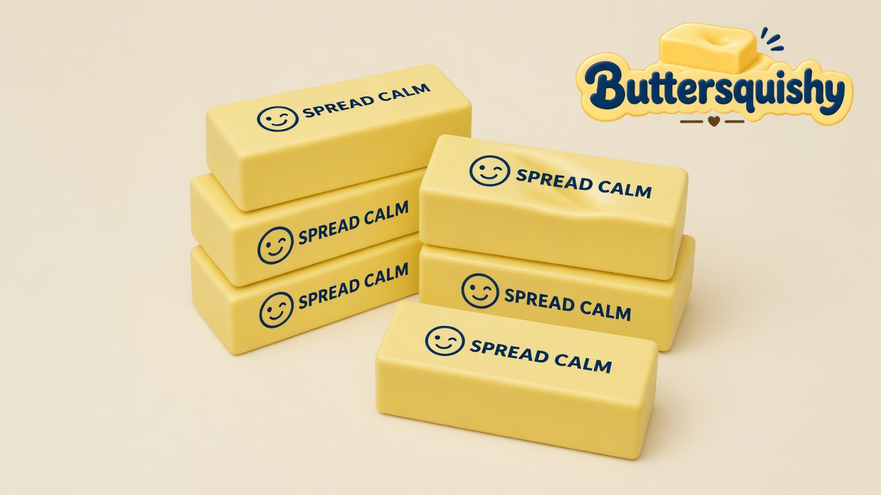 Six pale yellow Smile Cube Butter sticks printed with a navy smile and SPREAD CALM on a cream studio surface, Buttersquishy logo in the upper right