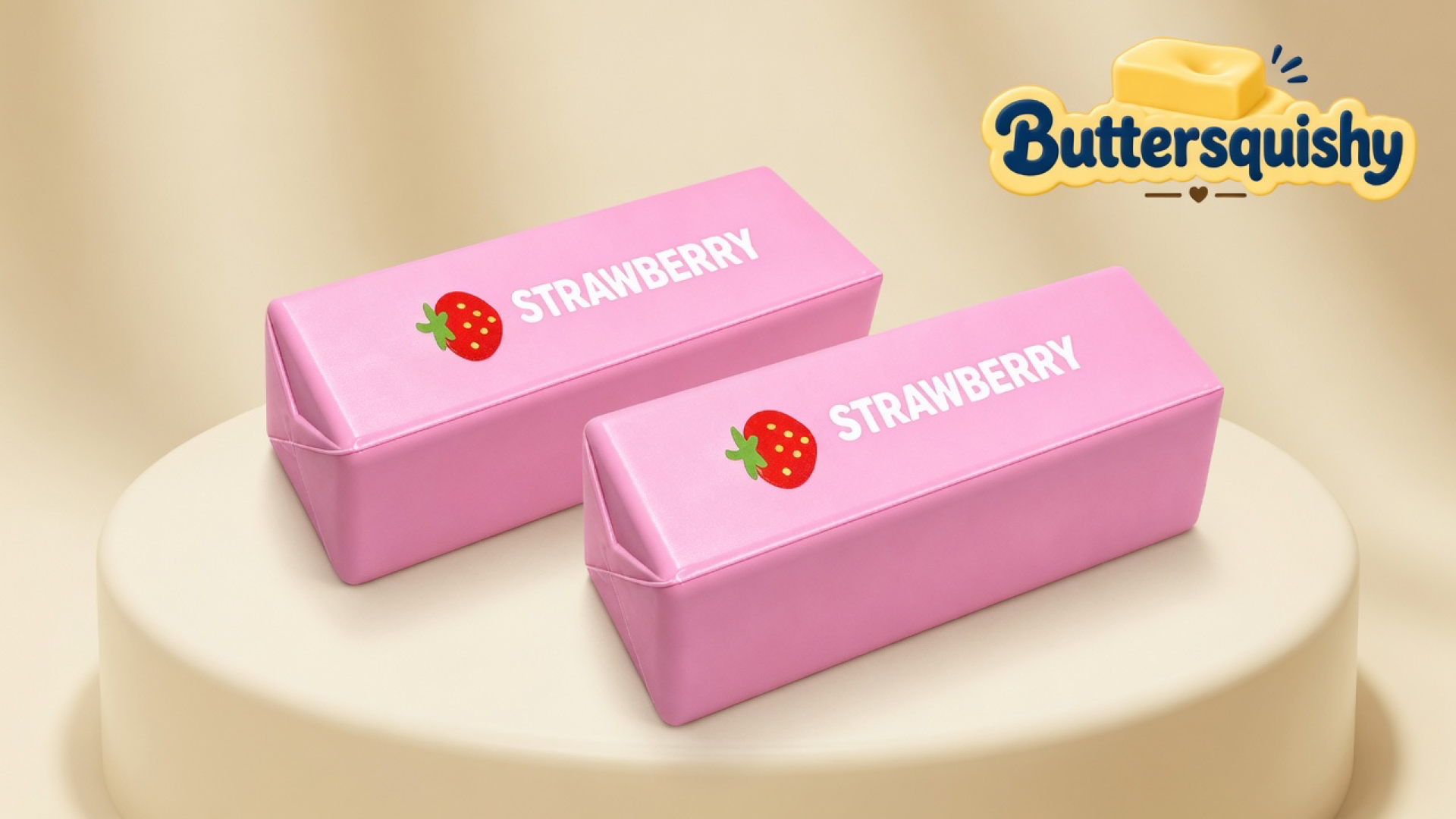 Two matching pale-pink Strawberry Butter Stick wraps with berry icons and STRAWBERRY type on a light-yellow cream studio platform, Buttersquishy logo in the upper right