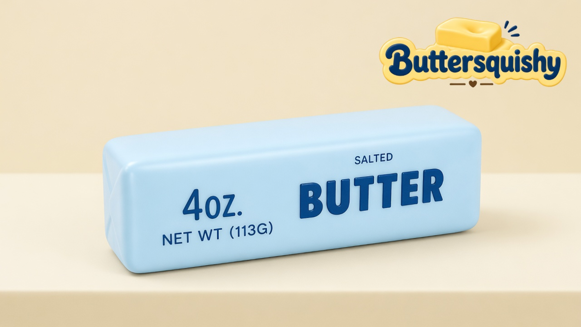Baby-blue SALTED BUTTER stick on a light-yellow cream studio table, Buttersquishy logo in the upper right