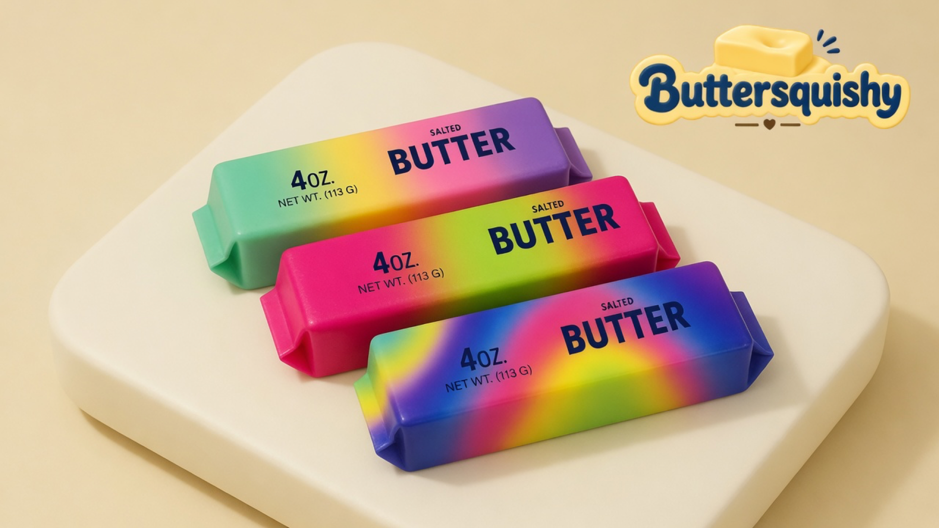 Three Candy Gradient Butter loaves — mint-to-violet, magenta-lime, and indigo swirl — printed navy SALTED BUTTER on a light-yellow cream studio platform, Buttersquishy logo in the upper right