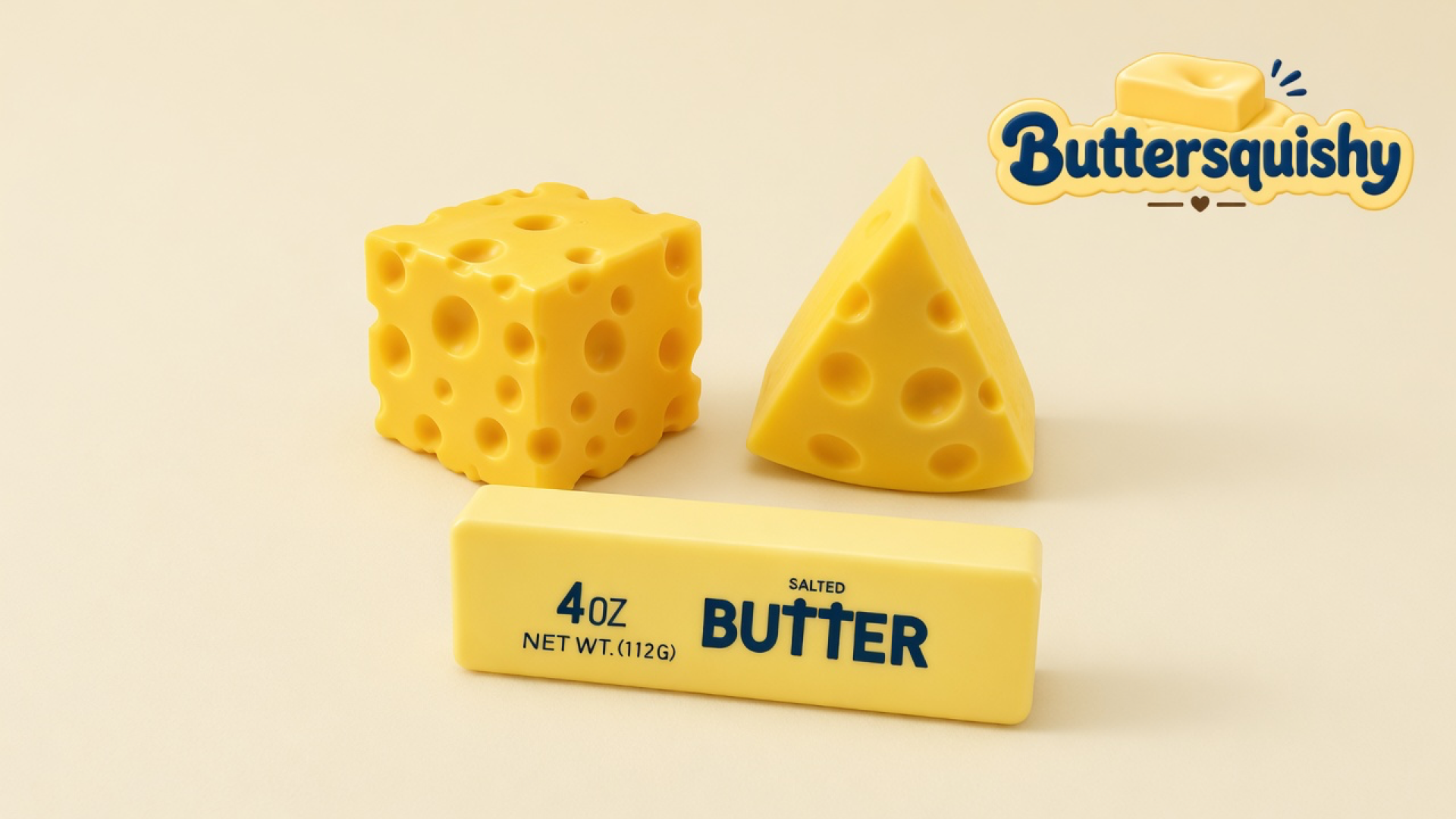 Yellow Swiss-hole cube, triangular cheese wedge, and pale 4OZ SALTED BUTTER stick on a light-yellow cream studio surface, Buttersquishy logo in the upper right