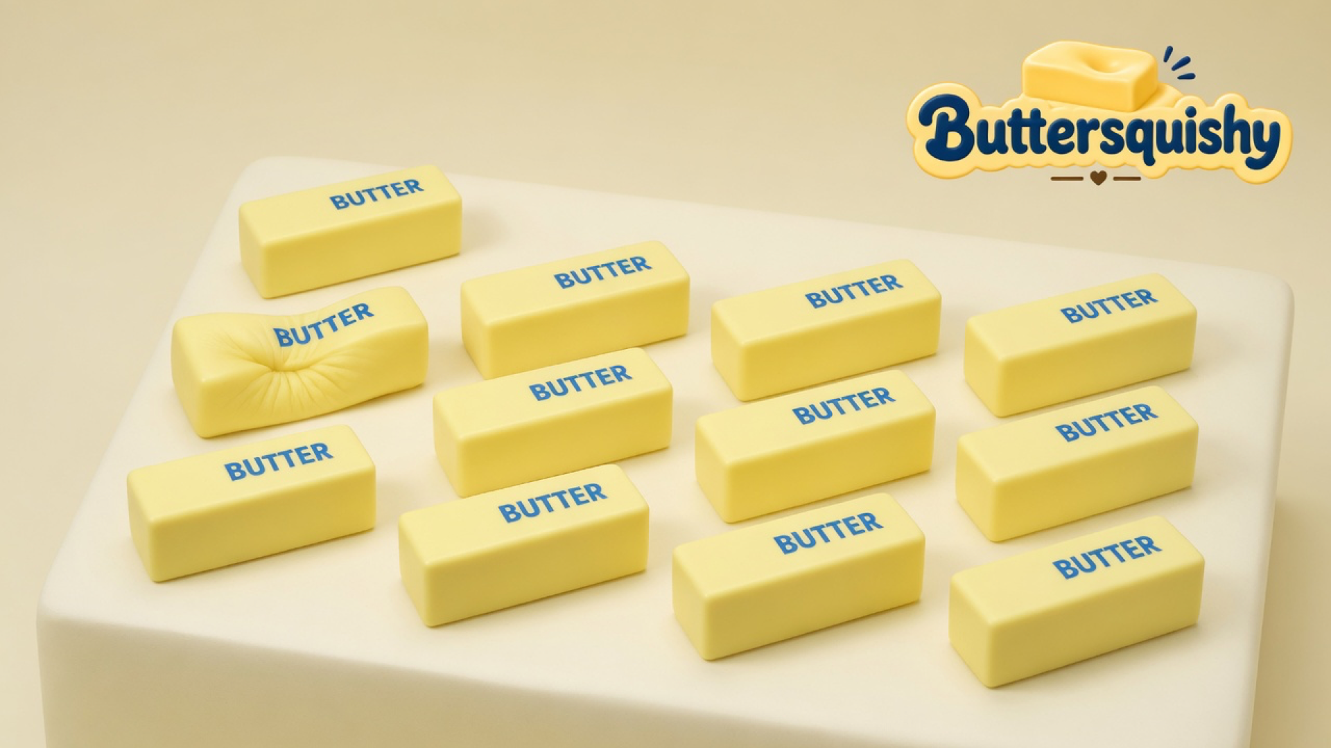 Twelve pale yellow Classic Butter Stick 4oz bars printed BUTTER on a light-yellow cream studio block, one loaf pressed in the middle, Buttersquishy logo in the upper right