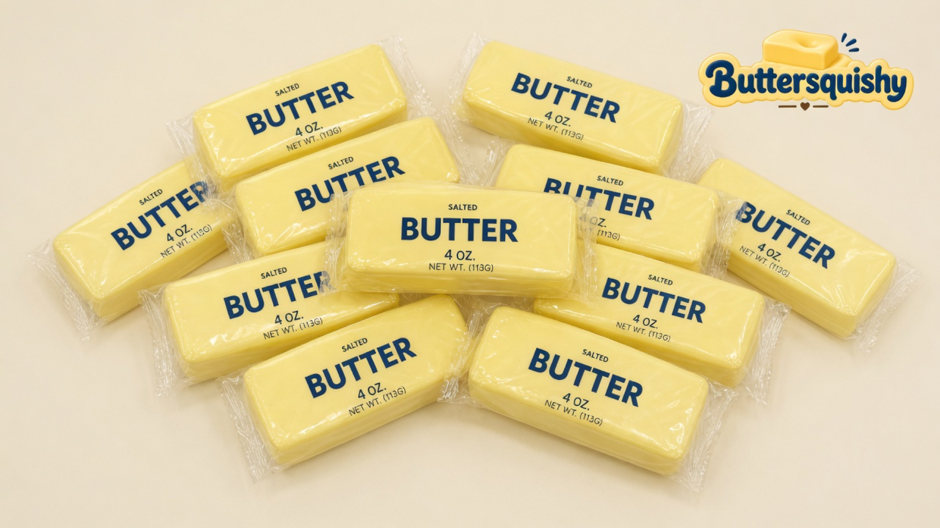 Twelve pale yellow salted-butter squishy sticks with navy SALTED BUTTER prints, some in clear film, on a cream studio surface, Buttersquishy logo in the upper right