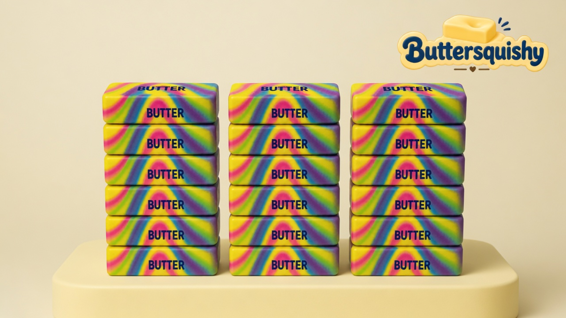 Eighteen neon-swirl rectangular butter sticks printed navy BUTTER, stacked in three columns on a light-yellow cream studio platform, Buttersquishy logo in the upper right