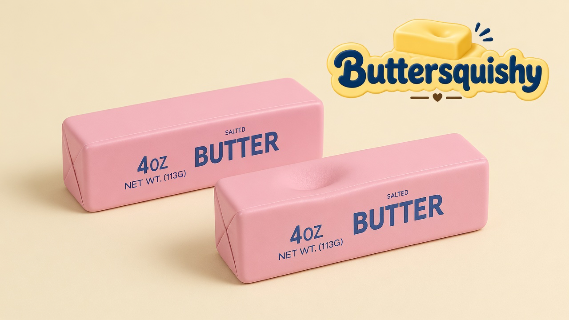Two matching candy-pink SALTED BUTTER sticks, one with a thumb dent, on a light-yellow cream studio, Buttersquishy logo in the upper right