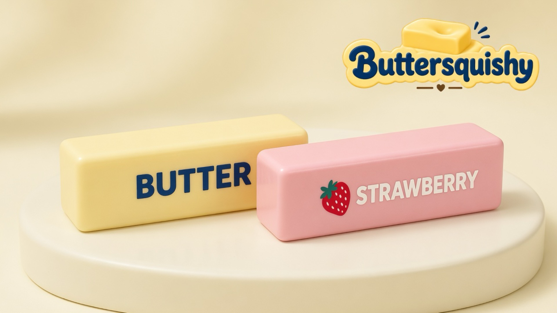 Pale yellow BUTTER loaf and candy-pink STRAWBERRY loaf on a light-yellow cream studio table, Buttersquishy logo in the upper right