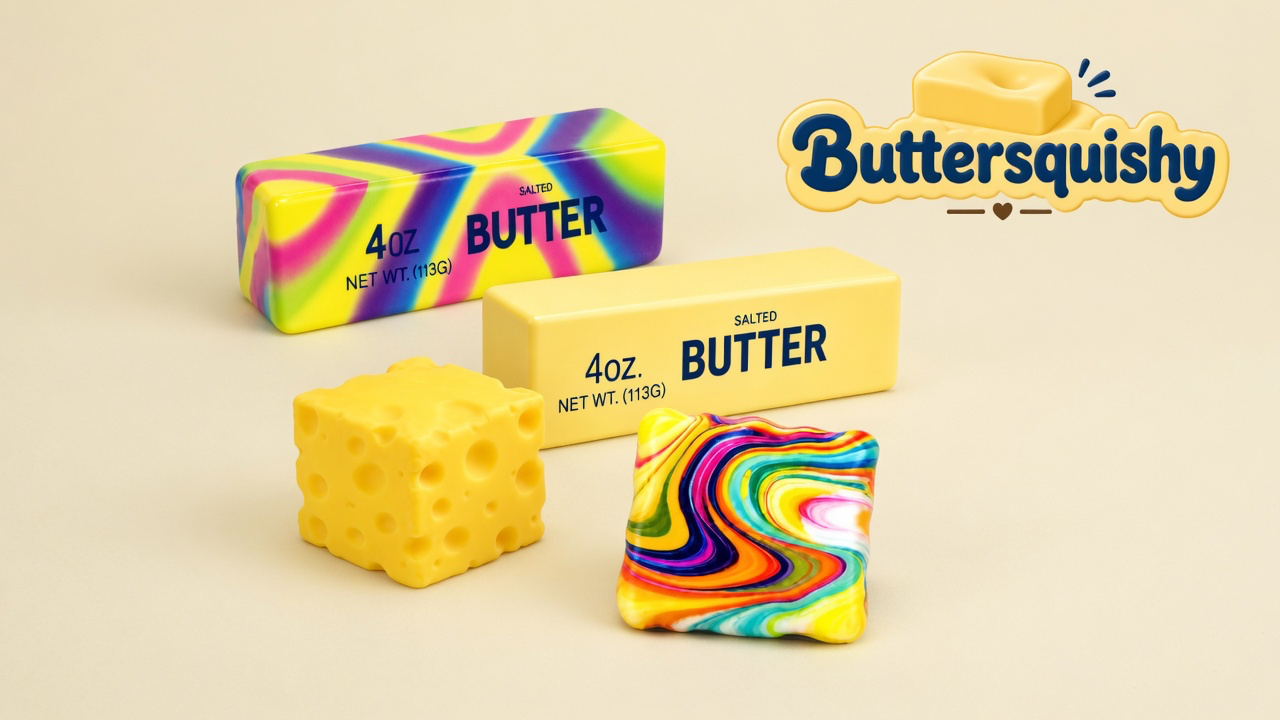 Rainbow SALTED BUTTER stick, pale yellow SALTED BUTTER stick, holey cheese cube, and rainbow swirl square on a light-yellow cream studio, Buttersquishy logo in the upper right