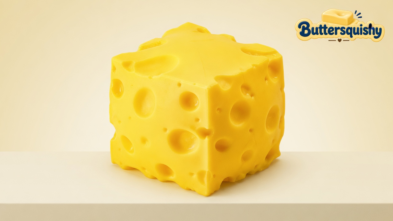 One lemon-yellow Cheese Cube Loaf with mixed-size Swiss holes on a light-yellow cream studio shelf, Buttersquishy logo in the upper right