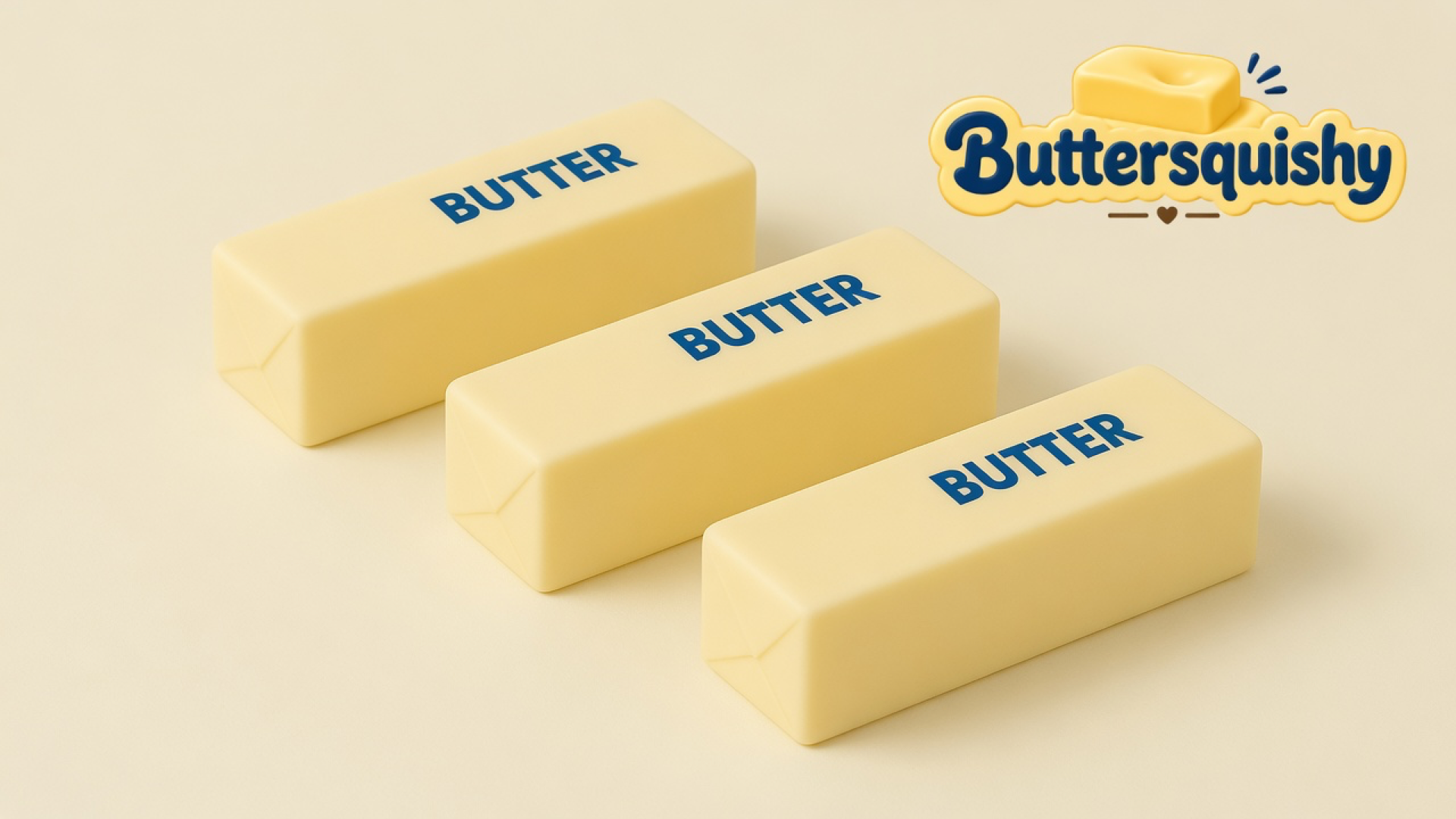 Three pale yellow rectangular BUTTER sticks on a light-yellow cream studio surface, Buttersquishy logo in the upper right