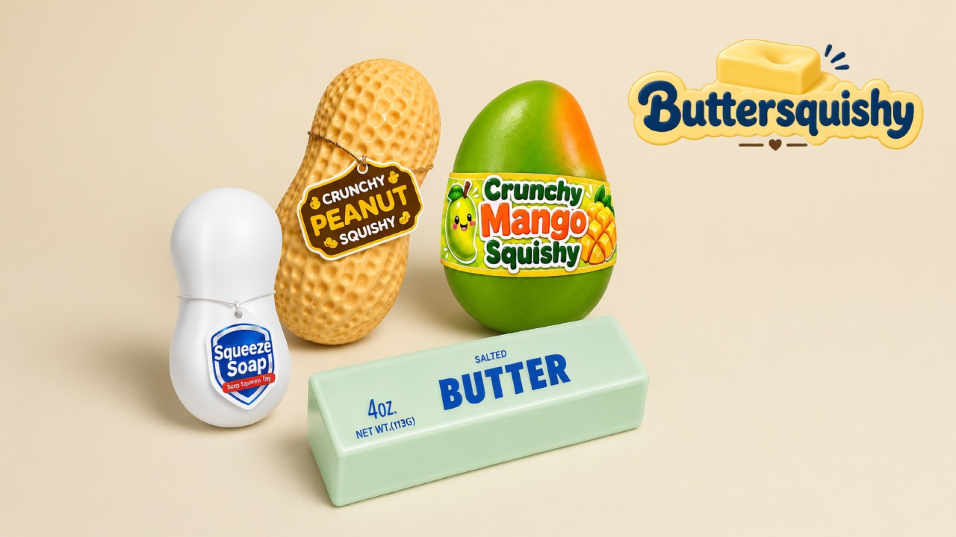 Mint-green SALTED BUTTER loaf, ridged crunchy peanut, green-orange Crunchy Mango Squishy, and white Squeeze Soap bottle on a light-yellow cream studio surface, Buttersquishy logo in the upper right