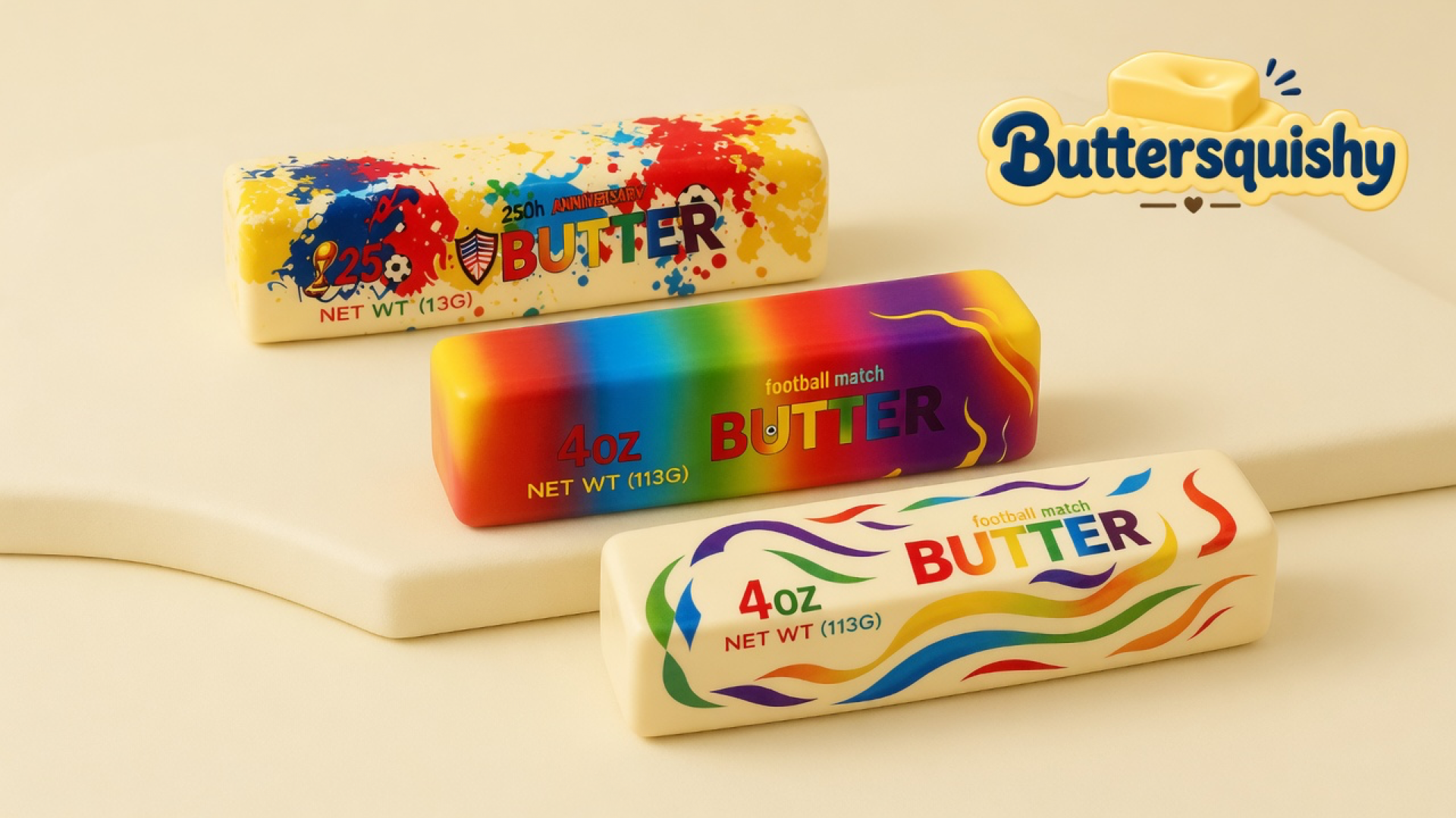 Three butter loaves — cream paint-splatter, rainbow fade, and cream ribbon waves — on a light-yellow cream studio platform, Buttersquishy logo in the upper right