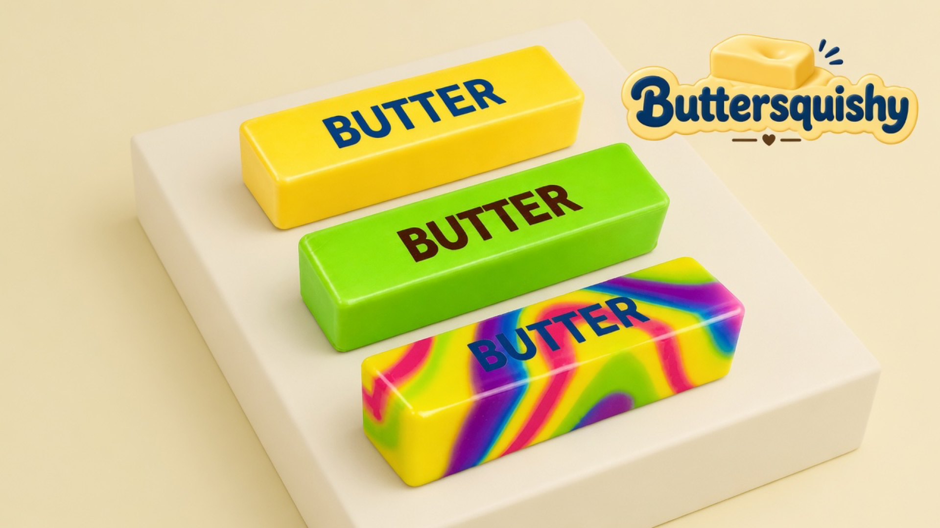 Yellow BUTTER stick, lime-green BUTTER stick, and rainbow swirl BUTTER stick on a light-yellow cream studio platform, Buttersquishy logo in the upper right