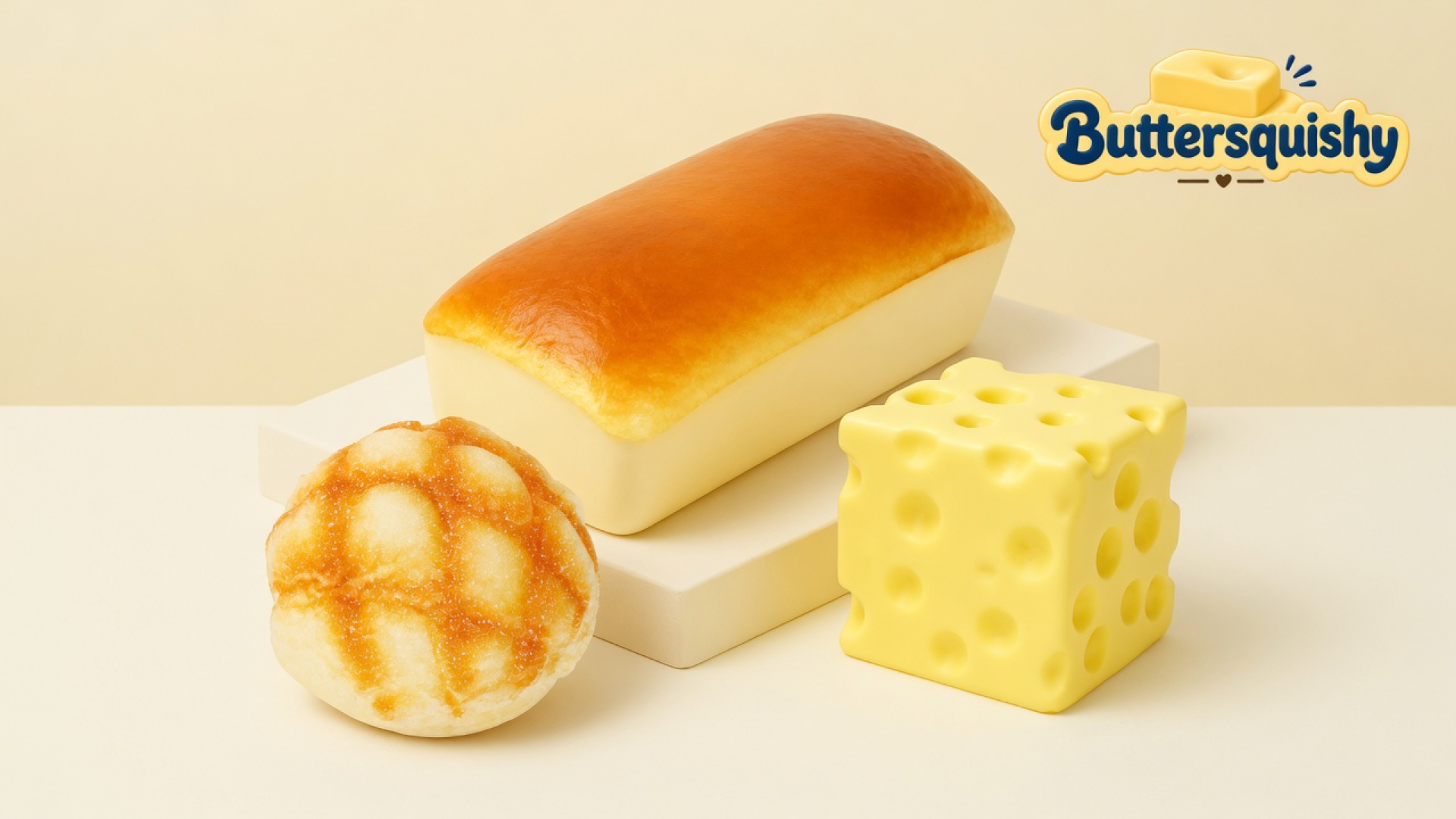 Golden bakery loaf, toasted grid bun, and yellow holey cheese cube on a light-yellow cream studio platform, Buttersquishy logo in the upper right