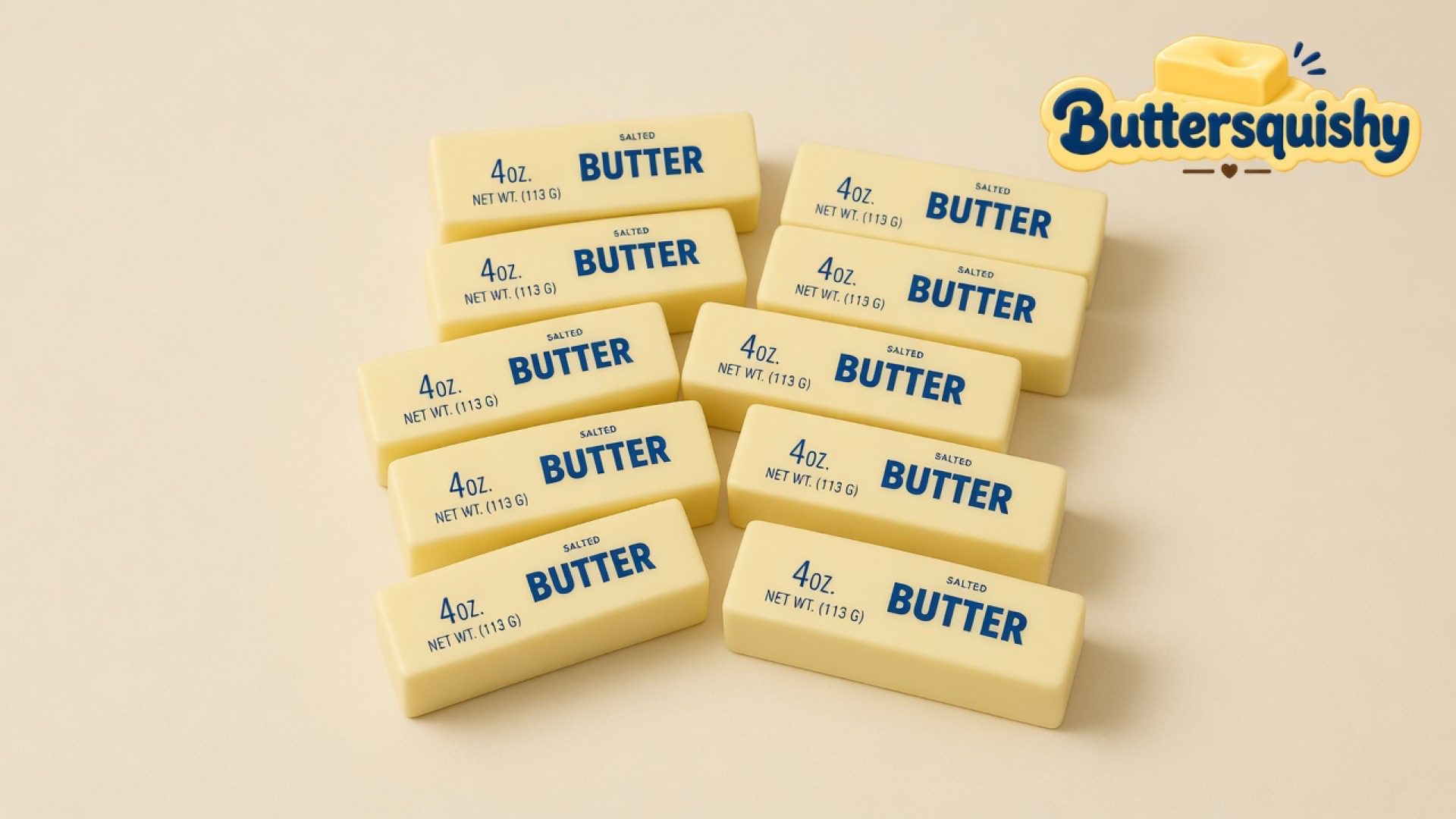 Ten pale yellow SALTED BUTTER sticks on a light-yellow cream studio surface, Buttersquishy logo in the upper right
