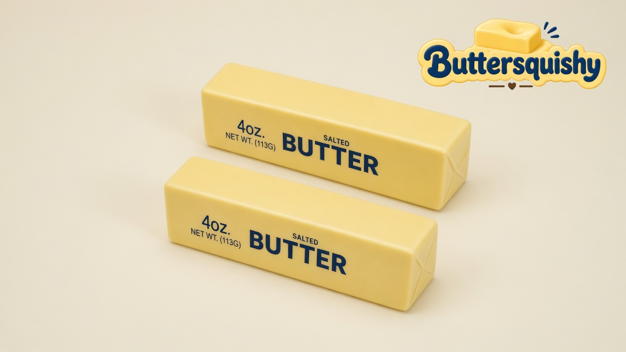 Two pale yellow SALTED BUTTER sticks on a light-yellow cream studio surface, Buttersquishy logo in the upper right