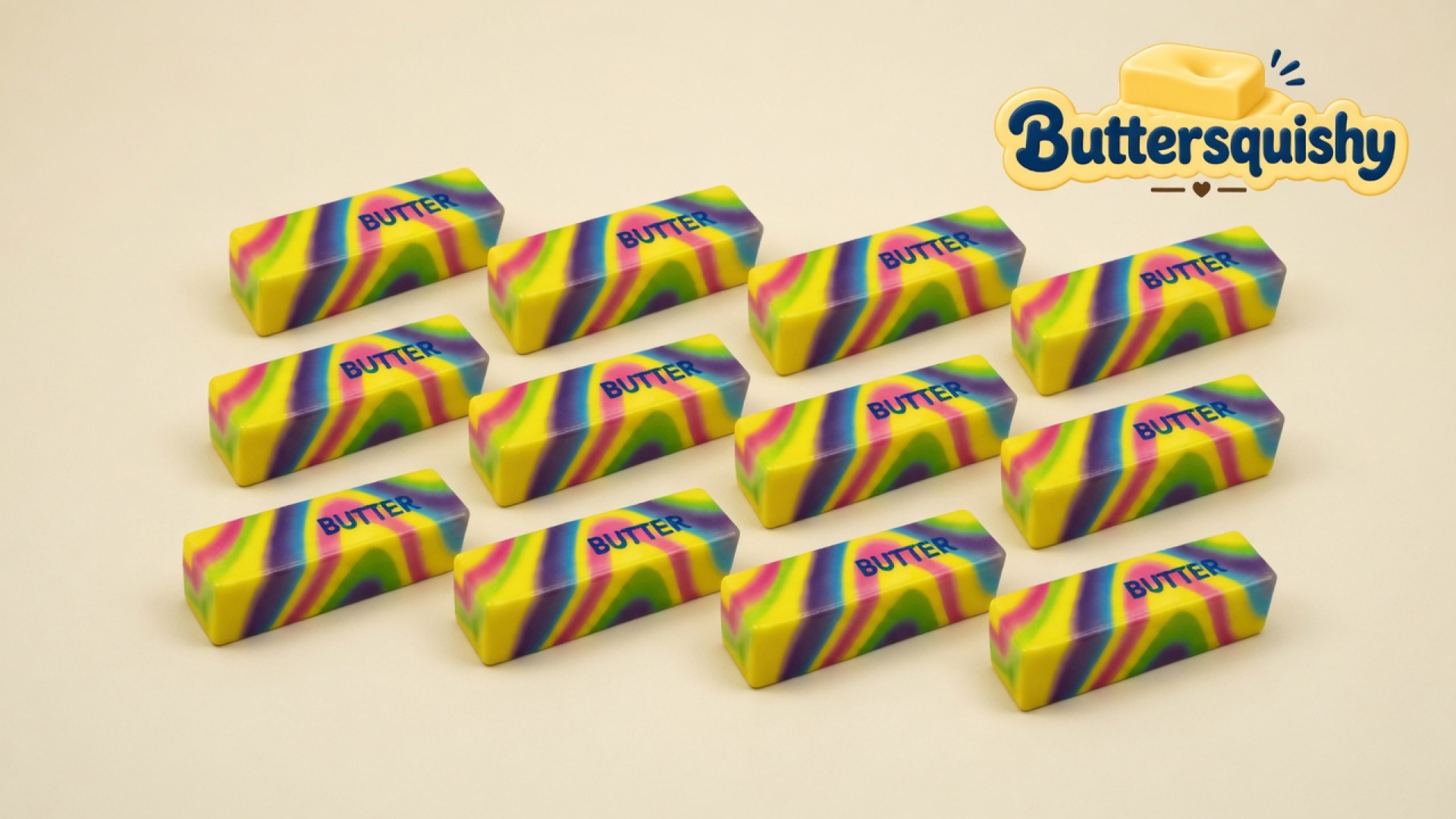 Twelve neon-swirl rectangular butter sticks with navy BUTTER type on a light-yellow cream studio surface, Buttersquishy logo in the upper right