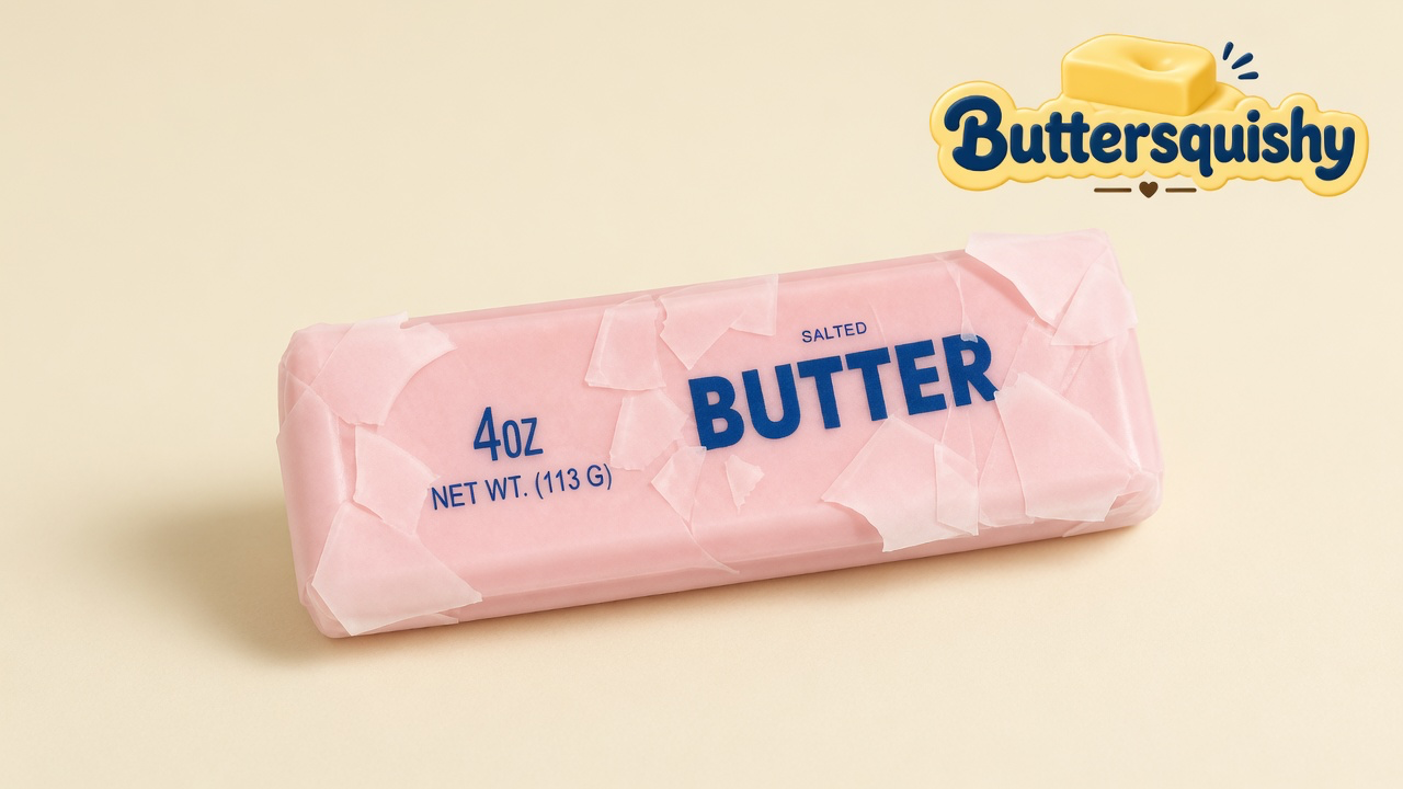 One candy-pink SALTED BUTTER stick with papery wrapper flakes on a light-yellow cream studio, Buttersquishy logo in the upper right