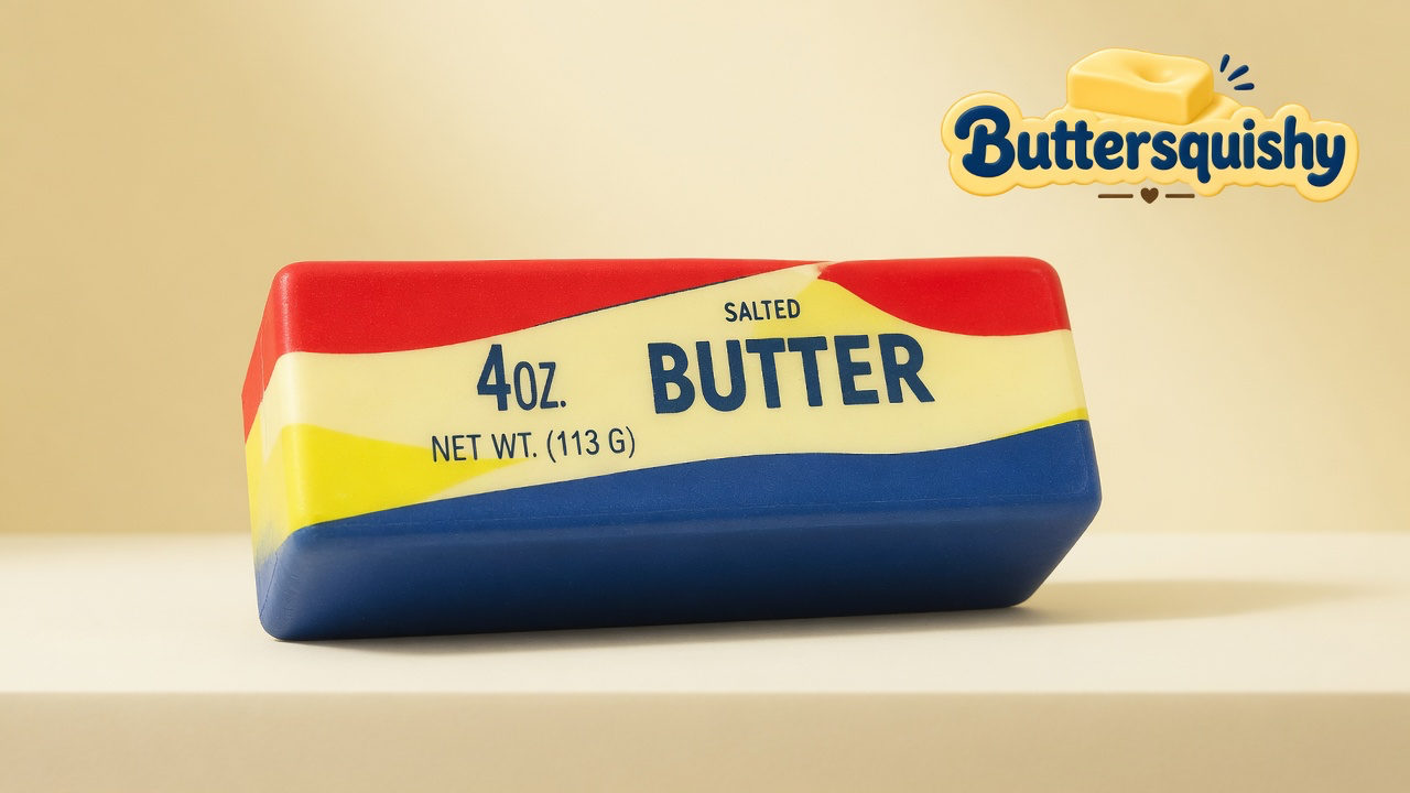 One Rainbow Stripe Butter stick with red, yellow, and blue bands and navy SALTED BUTTER type on a light-yellow cream studio, Buttersquishy logo in the upper right