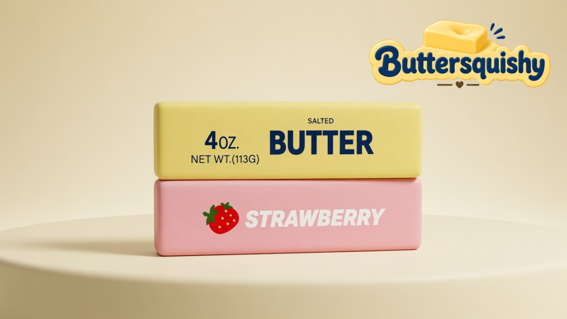 Yellow SALTED BUTTER stick stacked on a pink STRAWBERRY stick, cream studio, Buttersquishy logo upper right