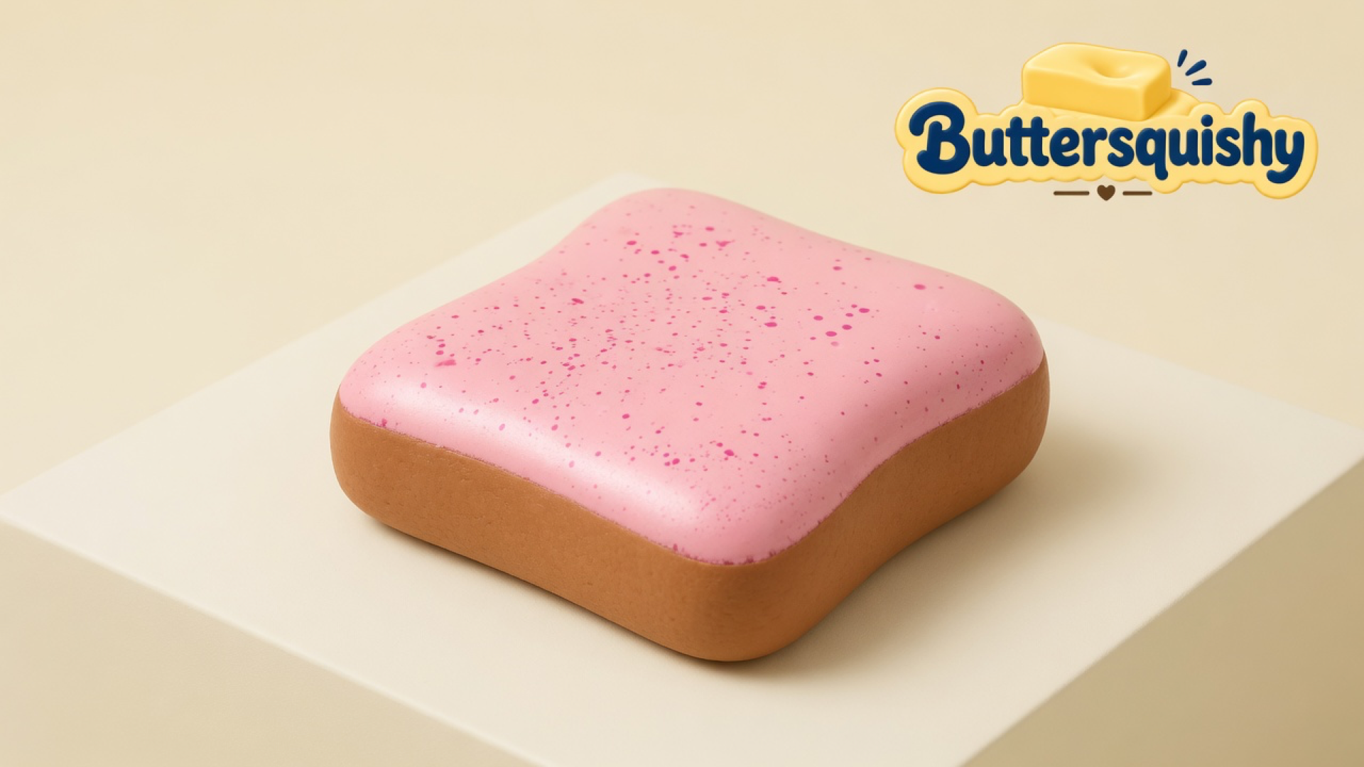 Pink-frosted Bread Toast Loaf with a golden-brown crust and magenta speckles on a light-yellow cream studio block, Buttersquishy logo in the upper right
