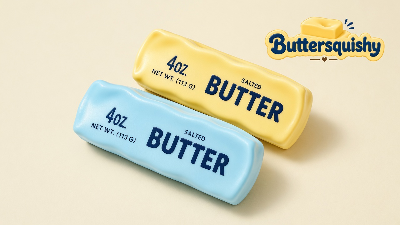A lemon-yellow SALTED BUTTER loaf and a sky-blue SALTED BUTTER loaf on a light-yellow cream studio surface, Buttersquishy logo in the upper right