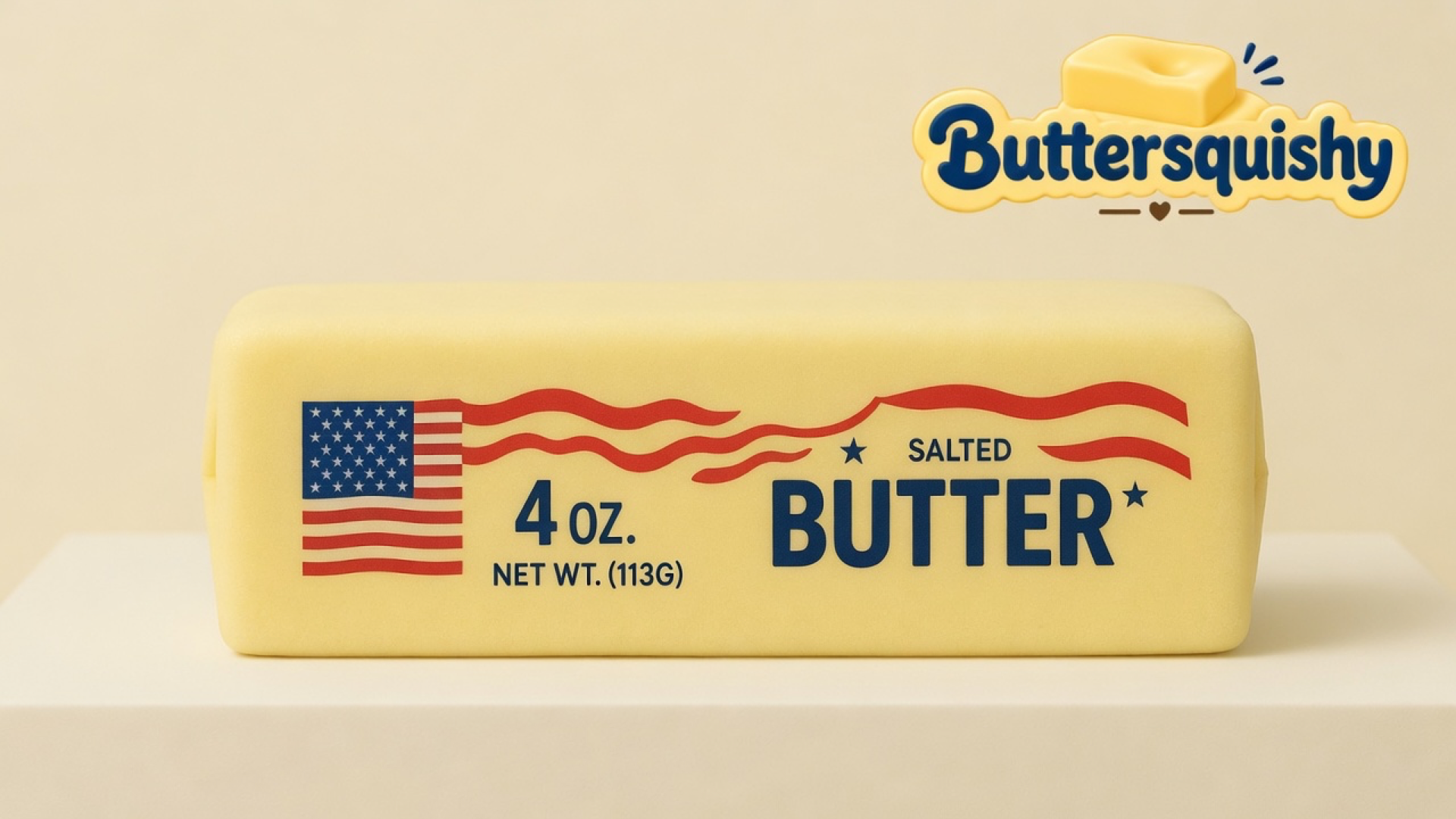 One pale-yellow Stars and Stripes Butter loaf with a US-flag canton, navy 4 OZ. SALTED BUTTER type, and red wave lines on a light-yellow cream studio, Buttersquishy logo in the upper right