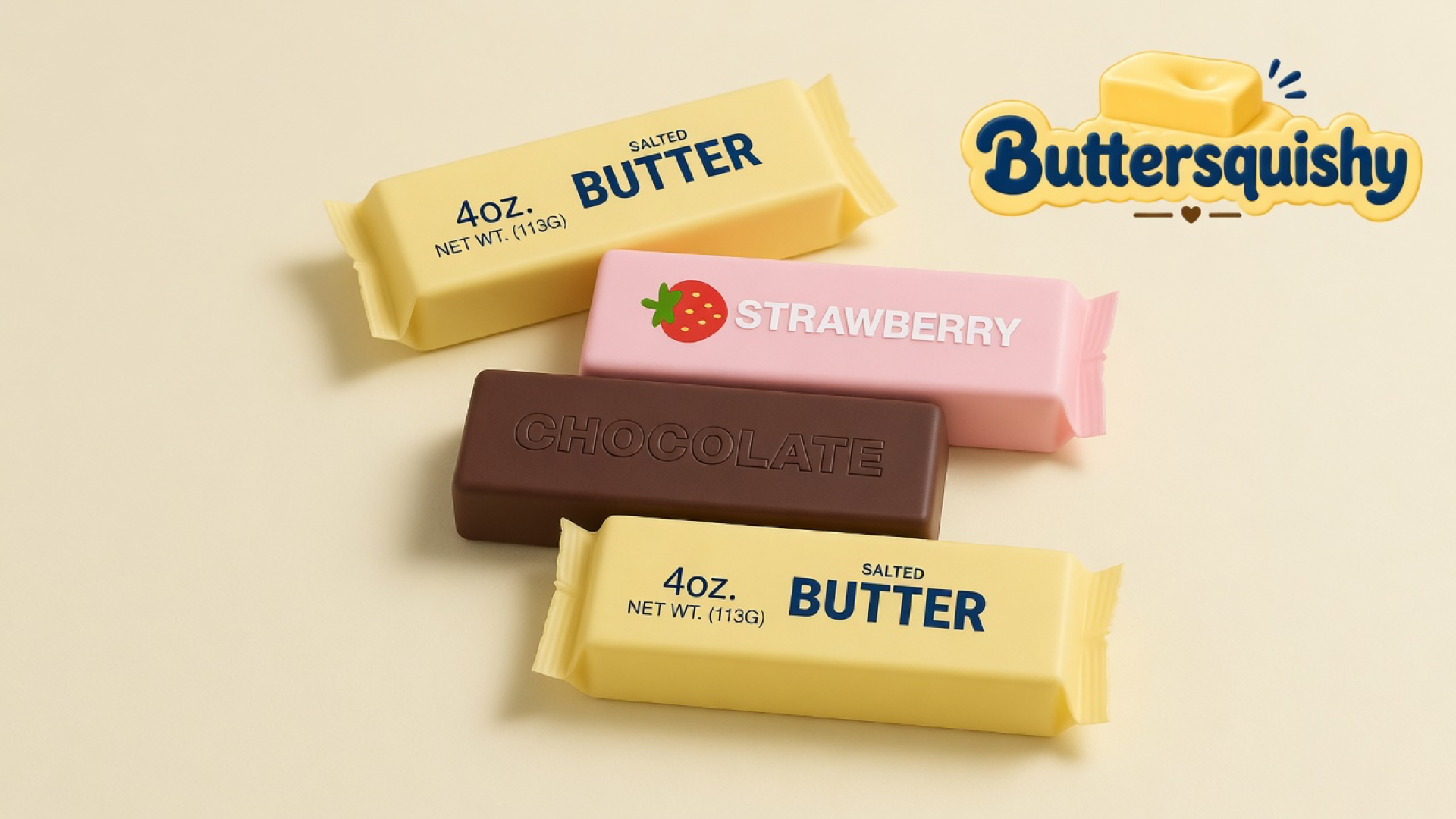 Four Strawberry Chocolate Butter sticks — two yellow salted-butter prints, one pink strawberry loaf, and one brown chocolate loaf — on a light-yellow cream studio surface, Buttersquishy logo in the upper right