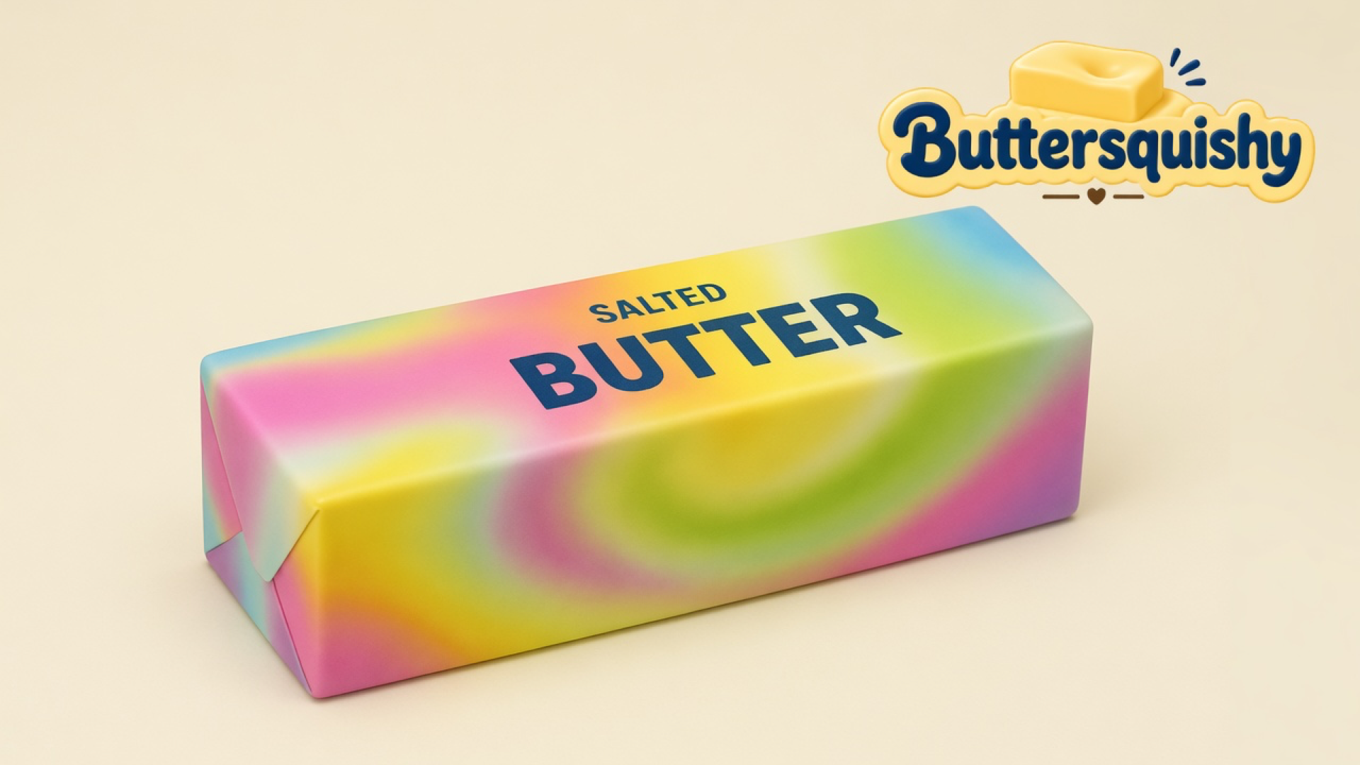 Rainbow Swirl Mix Butter stick with navy SALTED BUTTER type, cream studio backdrop, Buttersquishy mark at the top right