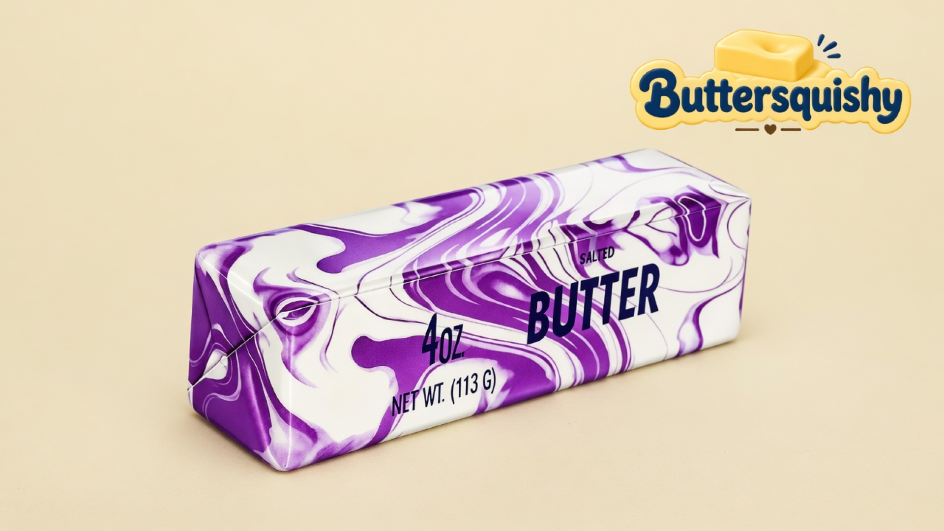 One white-and-violet marble butter loaf with navy 4oz SALTED BUTTER type on a light-yellow cream studio surface, Buttersquishy logo in the upper right