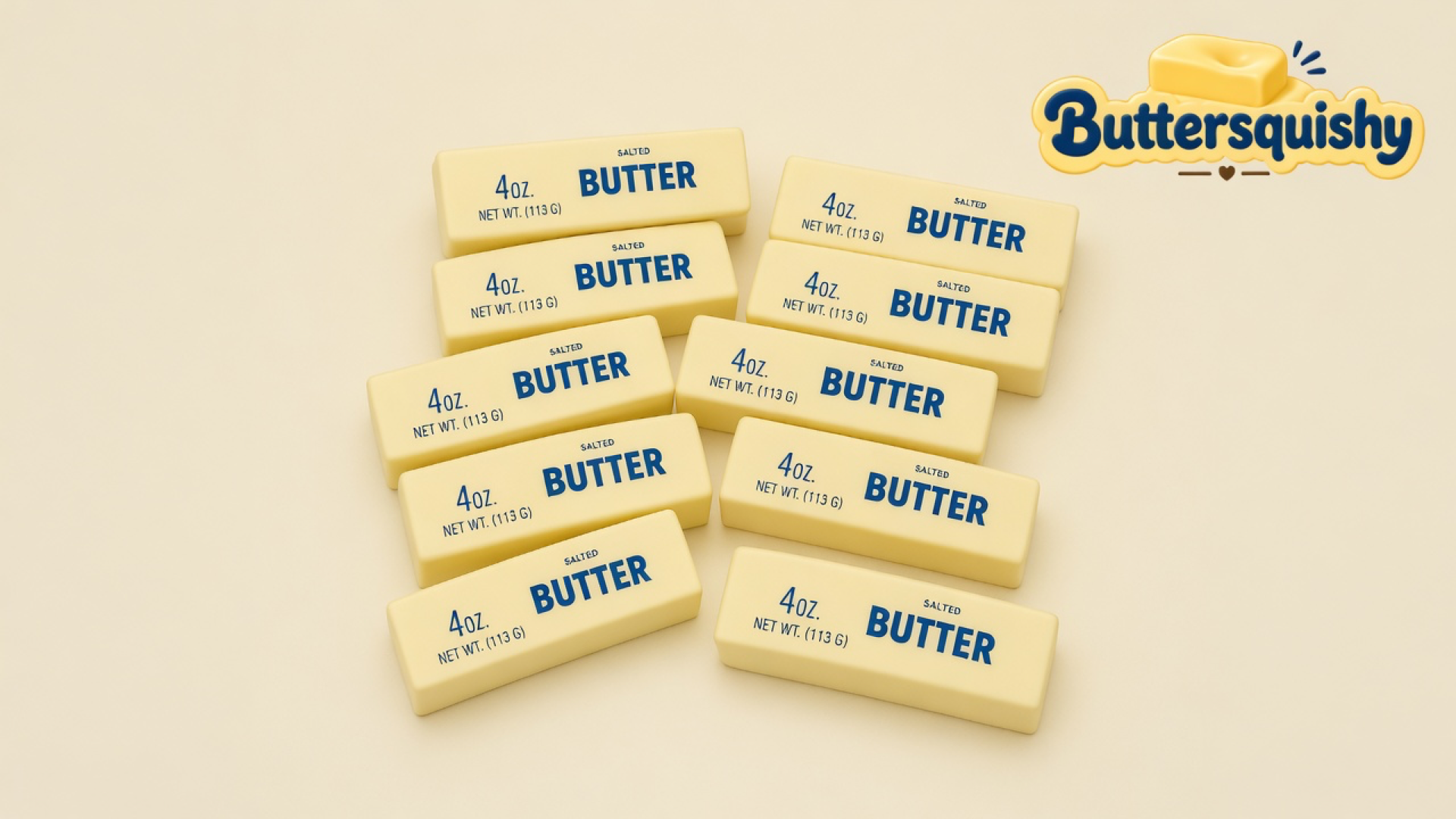 Ten pale-yellow Classic Butter Stick 4oz bars printed 4OZ NET WT. (113 G) SALTED BUTTER on a light-yellow cream studio, Buttersquishy logo in the upper right