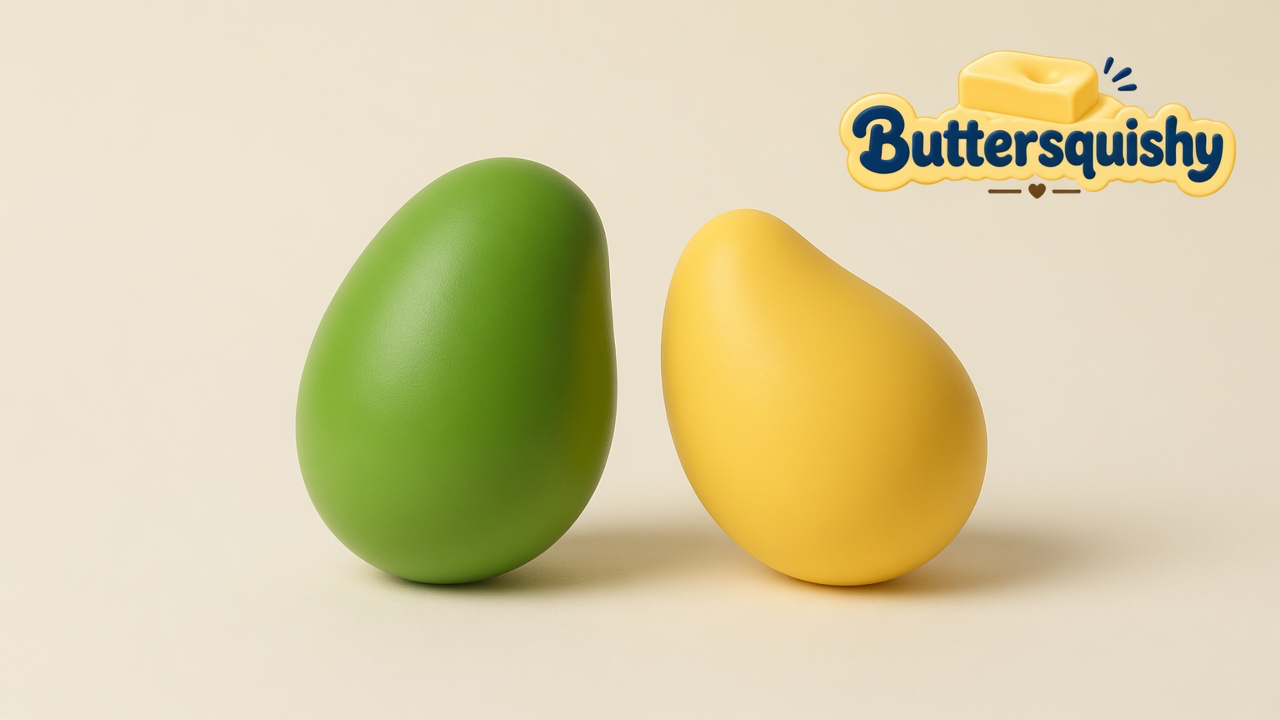 Green oval and yellow teardrop Mixed Butter Pack squishies on a light-yellow cream studio, Buttersquishy logo in the upper right