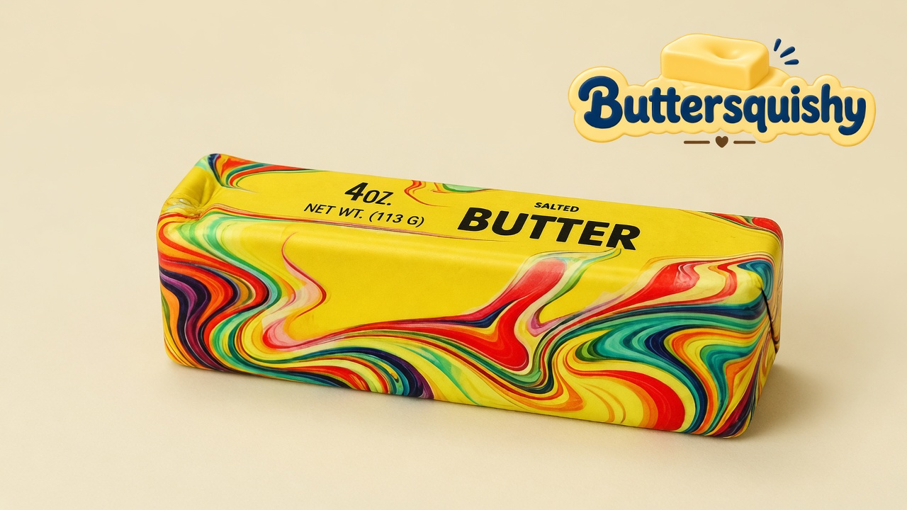 One Oil-Paint Swirl Butter loaf with a yellow SALTED BUTTER face and oil-paint marble sides on a light-yellow cream studio, Buttersquishy logo in the upper right