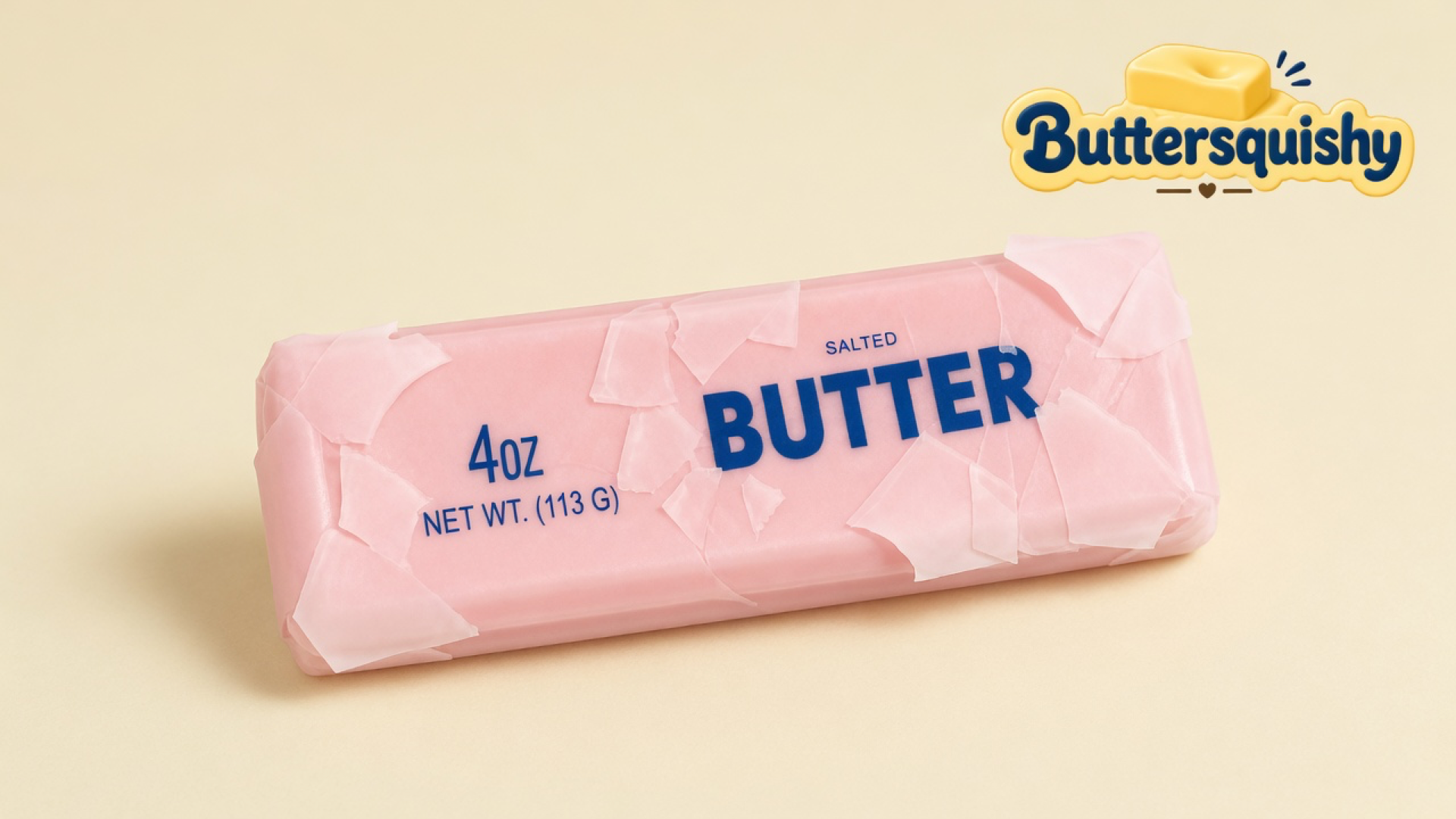 One candy-pink Butter Stick with crinkled wrapper flakes and navy SALTED BUTTER type on a light-yellow cream studio, Buttersquishy logo in the upper right